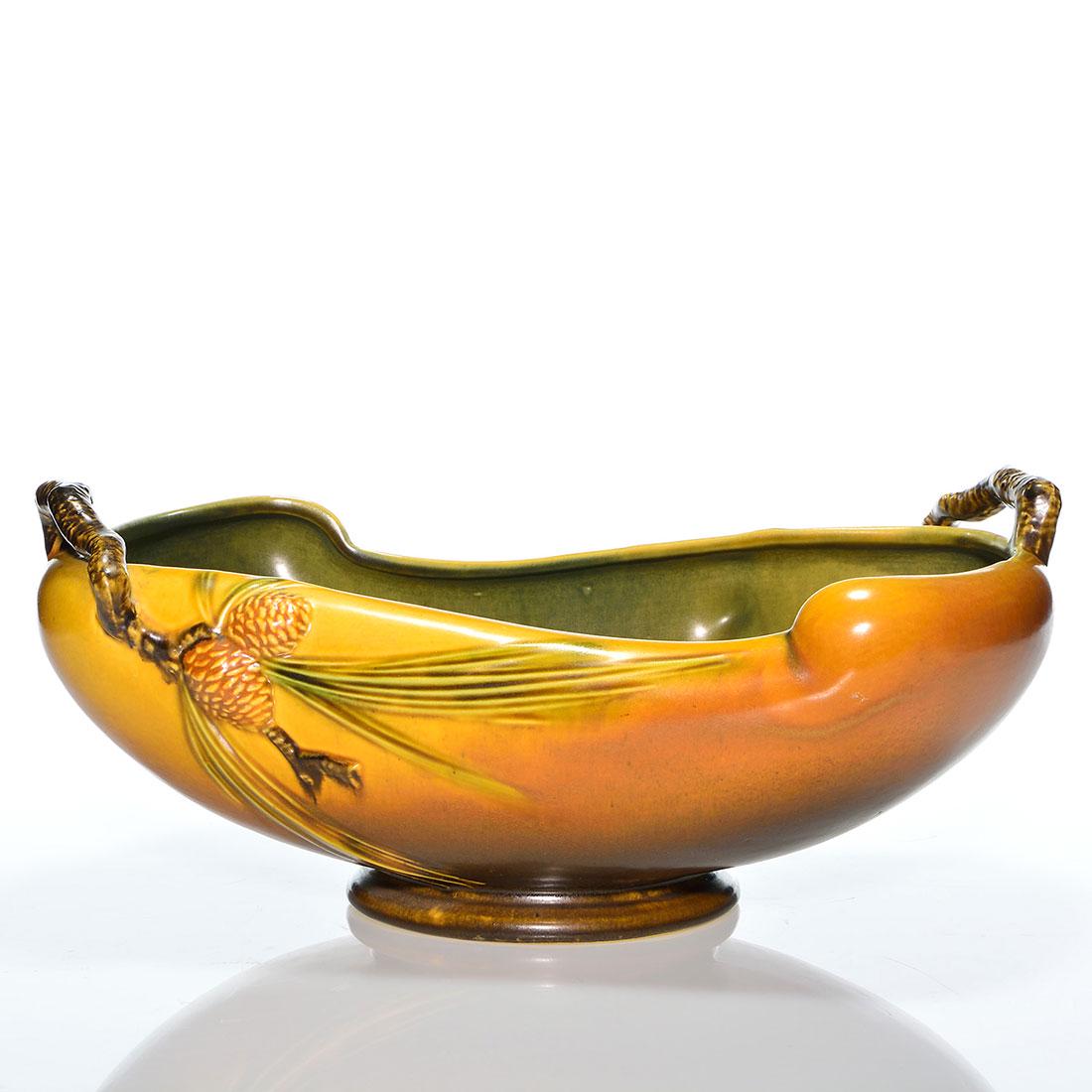 Roseville Pine Cone bowl, brown, shape 263-14: Roseville Pine Cone console bowl, shape 263-14, in brown. Marked with the shape number in orange crayon and a gold foil Roseville Pottery sticker. Excellent original condition. Size is 7 inches high b