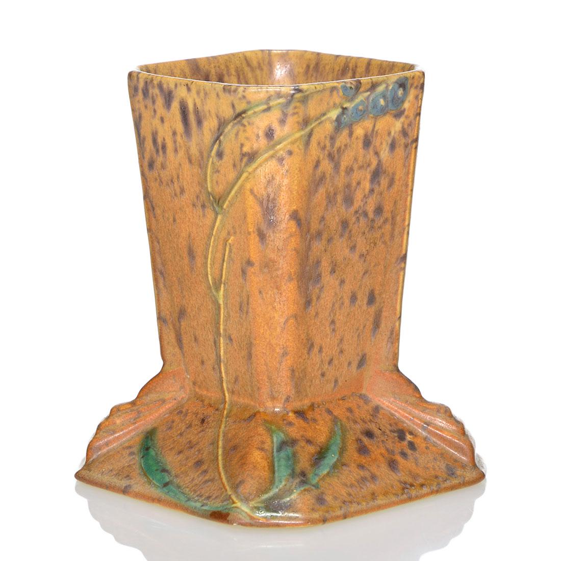 Roseville Futura Brown Stump vase, sh 421-5, 5 1/4: Roseville Futura Brown Stump vase, shape 421-5. Marked with the shape number in orange crayon. There is faint overall crazing and two very minor nicks at the base. Height is 5 1/4 inches.