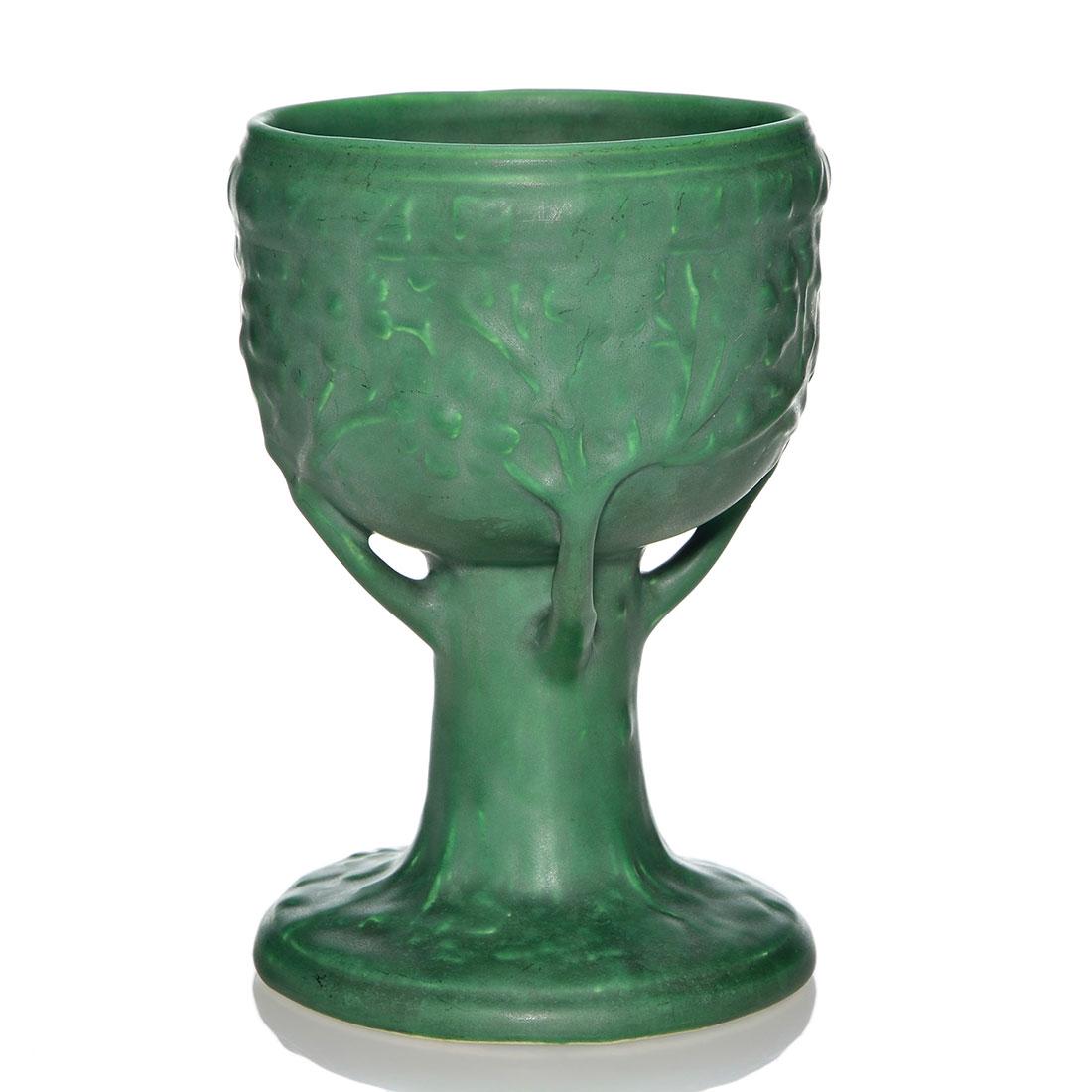 Roseville Arts & Crafts Matte Green chalice, 9 1/4: Good Roseville Arts & Crafts Flower Tree chalice covered by a nice Matte Green glaze with charcoal highlights. Measures 9 1/4 inches by 6 1/2 inches across. Unmarked except for 1.25 penciled on the bo