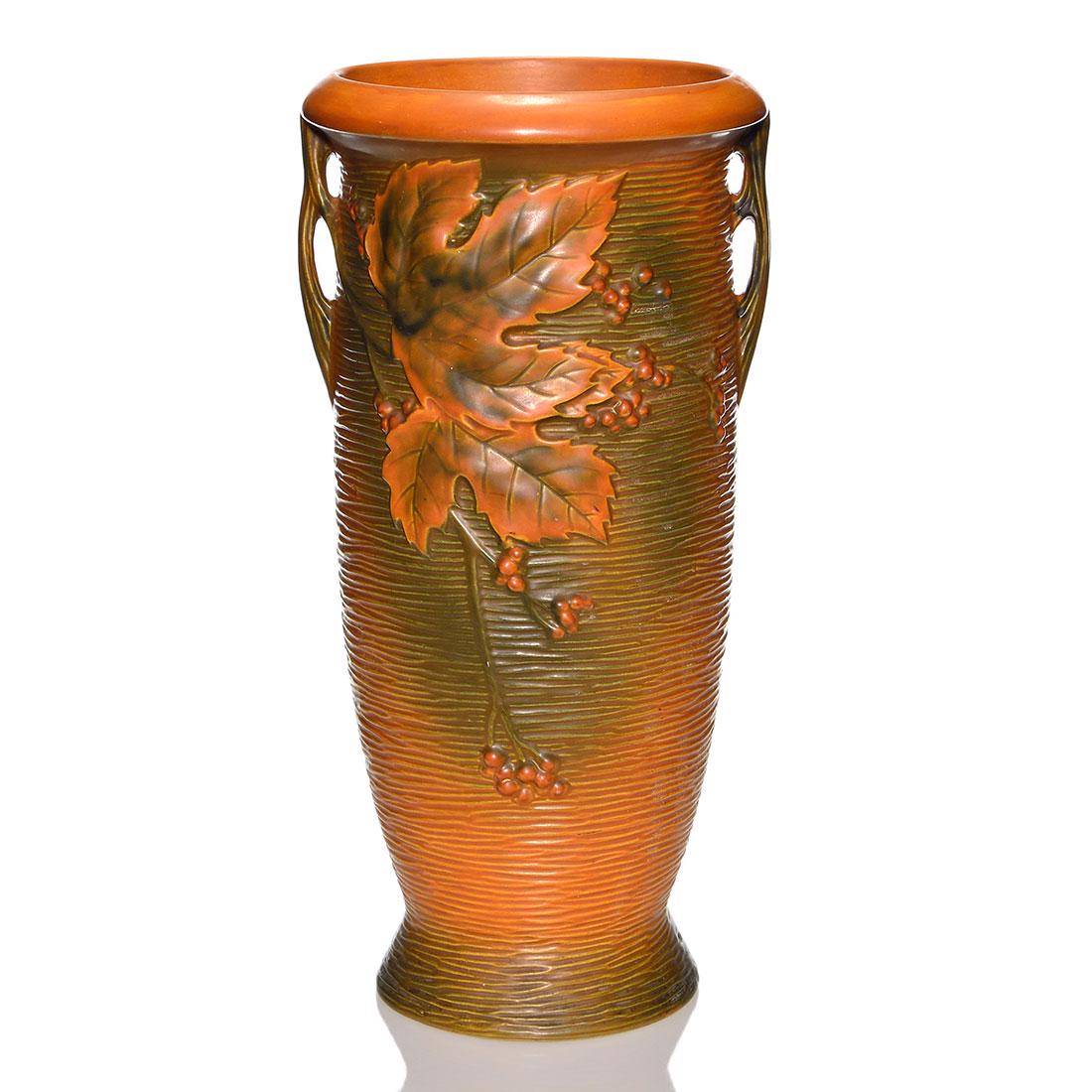 Roseville Bushberry Umbrella Stand, sh 779-20, 20 1/4: Roseville Bushberry Umbrella Stand, shape 779-20, in brown. Marked Roseville U.S.A. 779-20 on the bottom. Crisp mold and good color. Height is 20 1/4 inches.