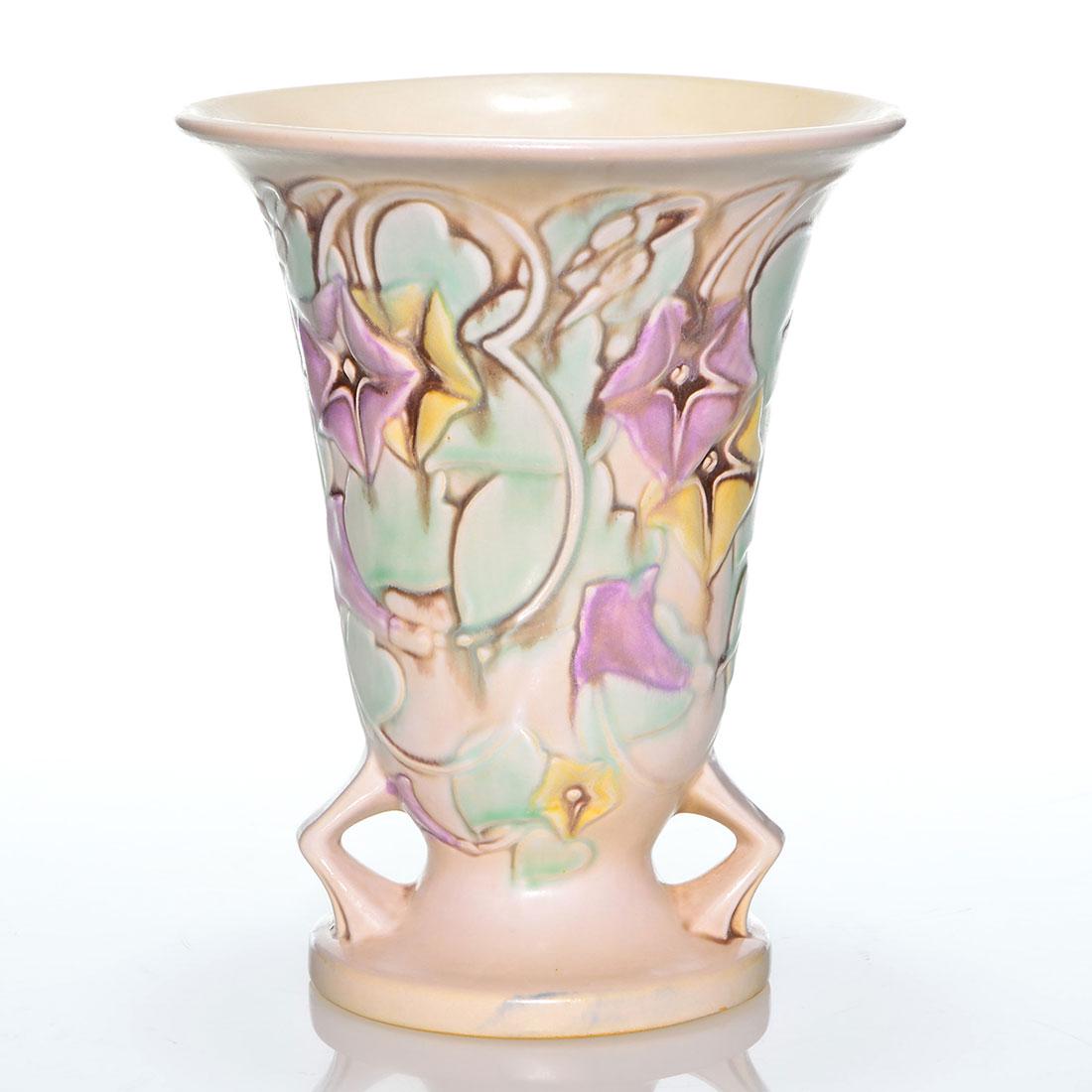 Roseville Morning Glory vase, shape 726-8, 8 1/4: Roseville Morning Glory vase, shape 726-8, in white. Marked with a silver foil Roseville Pottery sticker. Excellent original condition. Height is 8 1/4 inches.