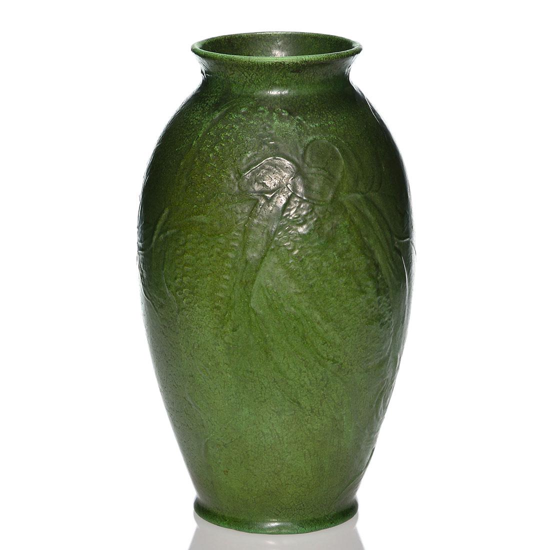 Rare Roseville Egypto vase, hand tooled corn, 14”: Rare Roseville Egypto vase with hand tooled corn covered in a rich, leathery green mat glaze. The ears of corn and leaves extend from top to bottom of one side. Unmarked. Height 14 inches. Excellent o