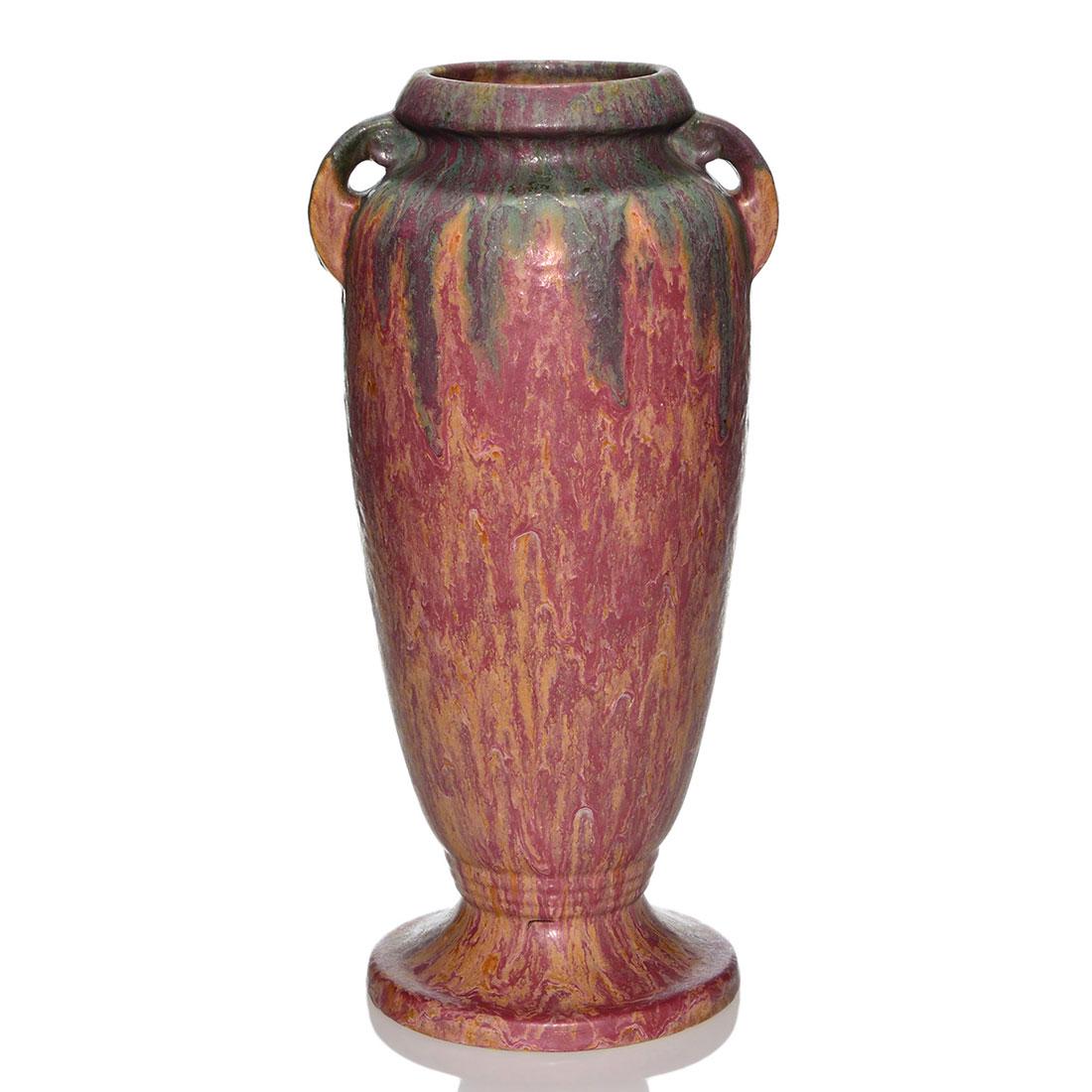 Roseville Carnelian II handled vase, sh 340-18, 18 1/4: Roseville Carnelian II vase, shape 340-18, mottled pink with green dripped from the rim. Marked on the bottom with the shape number in orange crayon. Excellent condition. Height is 18 1/4 inches.