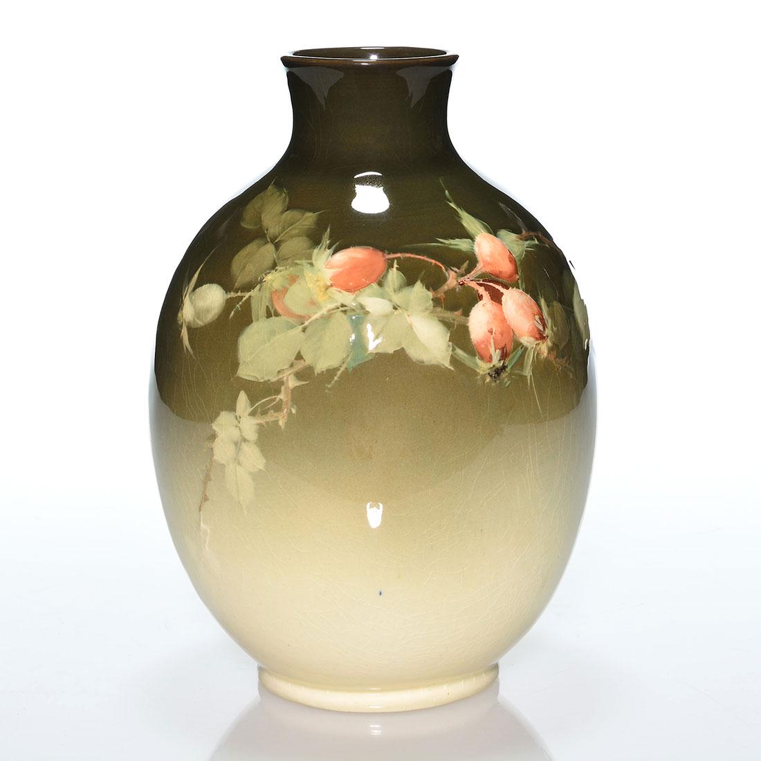 Roseville Rozane Royal vase, rose hips, Myers, 9 1/2: Roseville Rozane Royal vase decorated with rose hips painted by Walter Myers who added his name in white slip on the side. Marked on the bottom with the Rozane Ware Royal wafer seal. There is fine ove