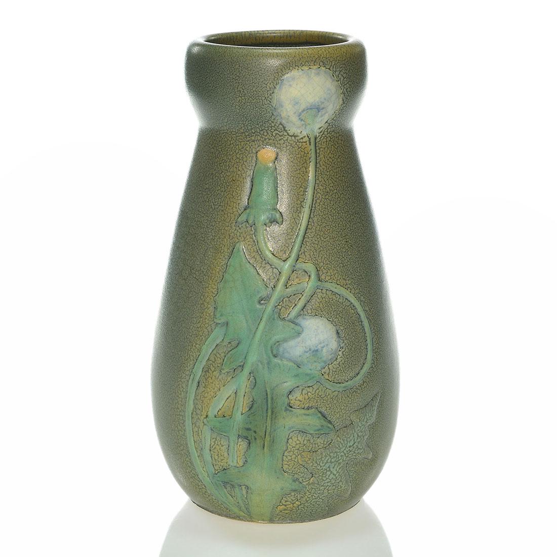 Rare Weller Matt Ware vase, dandelions, 9 3/8”: Rare Weller Matt Ware vase with dandelion decoration covered in green, white and yellow matt glazes. Impressed WELLER in small block letters on the bottom. There is grinding roughness at the base and 