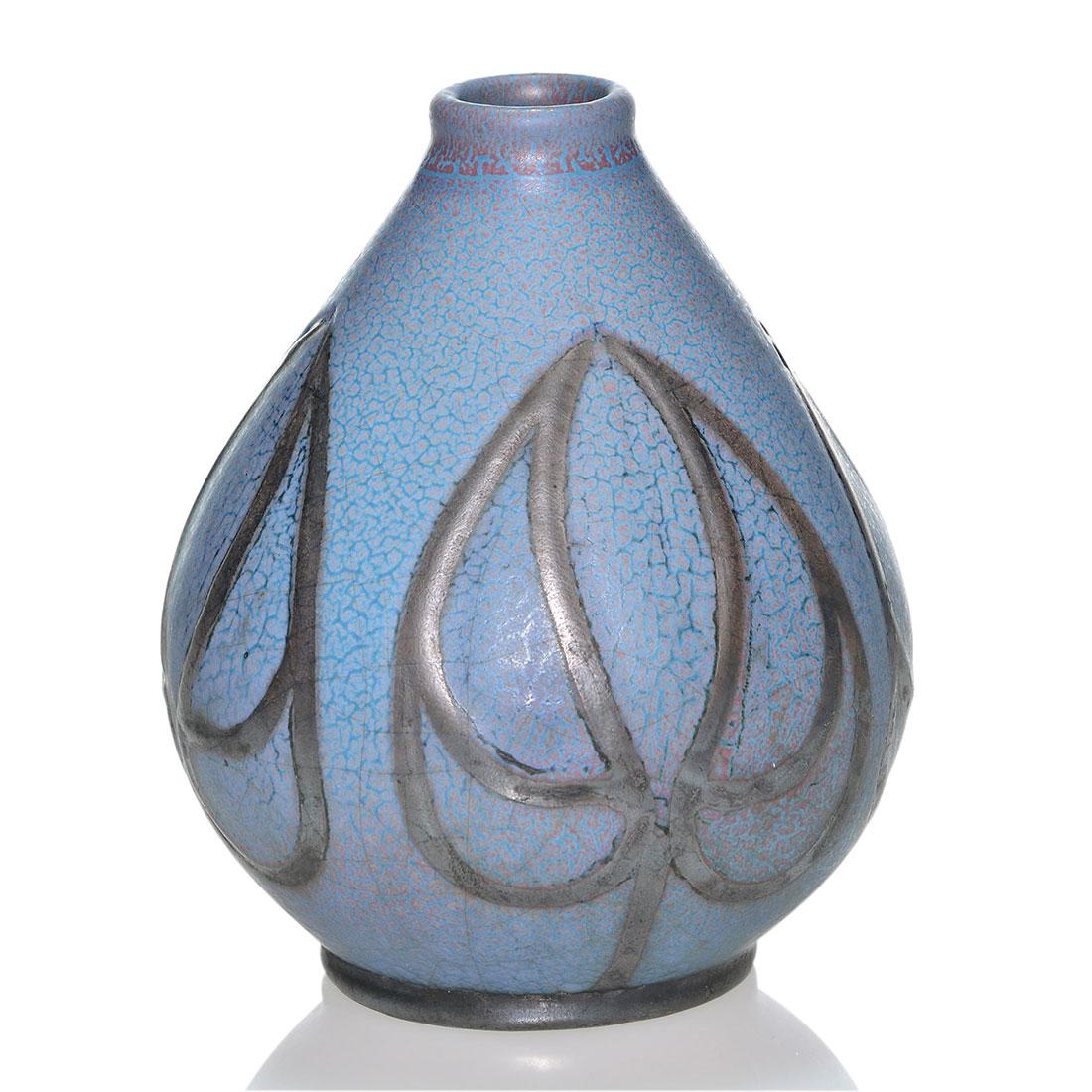 Unusual Weller Matt Ware vase, 5 3/8”: Unusual Weller Matt Ware vase with leaf decoration. Impressed WELLER on the bottom. There is fine overall crazing. Height is 5 3/8 inches. Bought in November, 2019 by a nonpaying bidder.