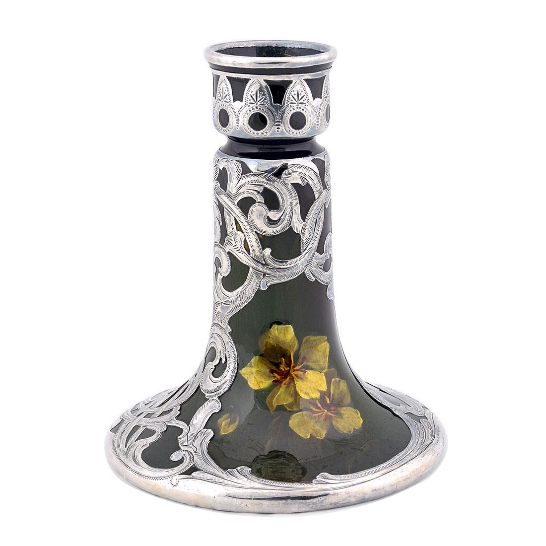 Owens Lightweight bud vase, Silver overlay, 5 3/4”: Owens Lightweight bud vase with apple blossom decoration enhanced with a intricately designed sterling silver overlay. Impressed with the company logo and shape number which are very light and incised