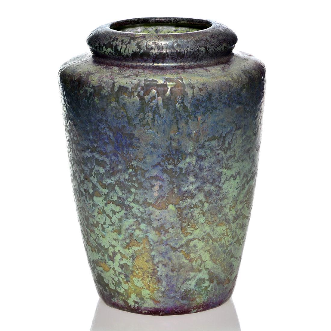 Large Weller Bronze Ware vase, 11”, unmarked: Large Weller Bronze Ware vase revealing a nicely textured surface covered in purple, gray green and olive green glazes. Measures 11 inches tall and 9 inches across the shoulder. Unmarked. Excellent co