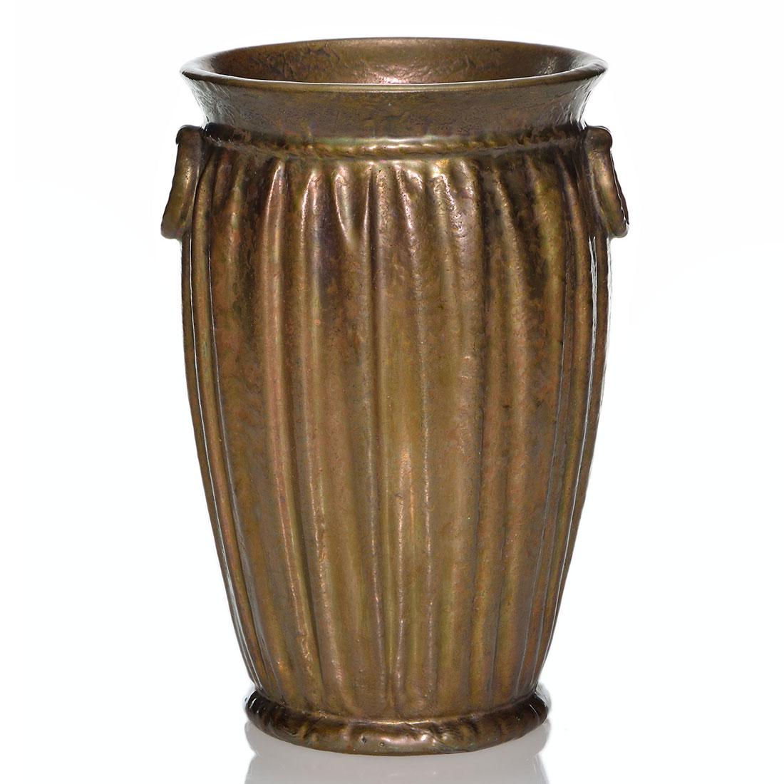 Weller Bronze Ware vase, Drapery shape, 8 7/8”: Weller Bronze Ware vase using a Drapery shape. Impressed WELLER on the bottom. Excellent condition with a great glaze. Height is 8 7/8 inches. Bought in November, 2019 by a nonpaying bidder.
