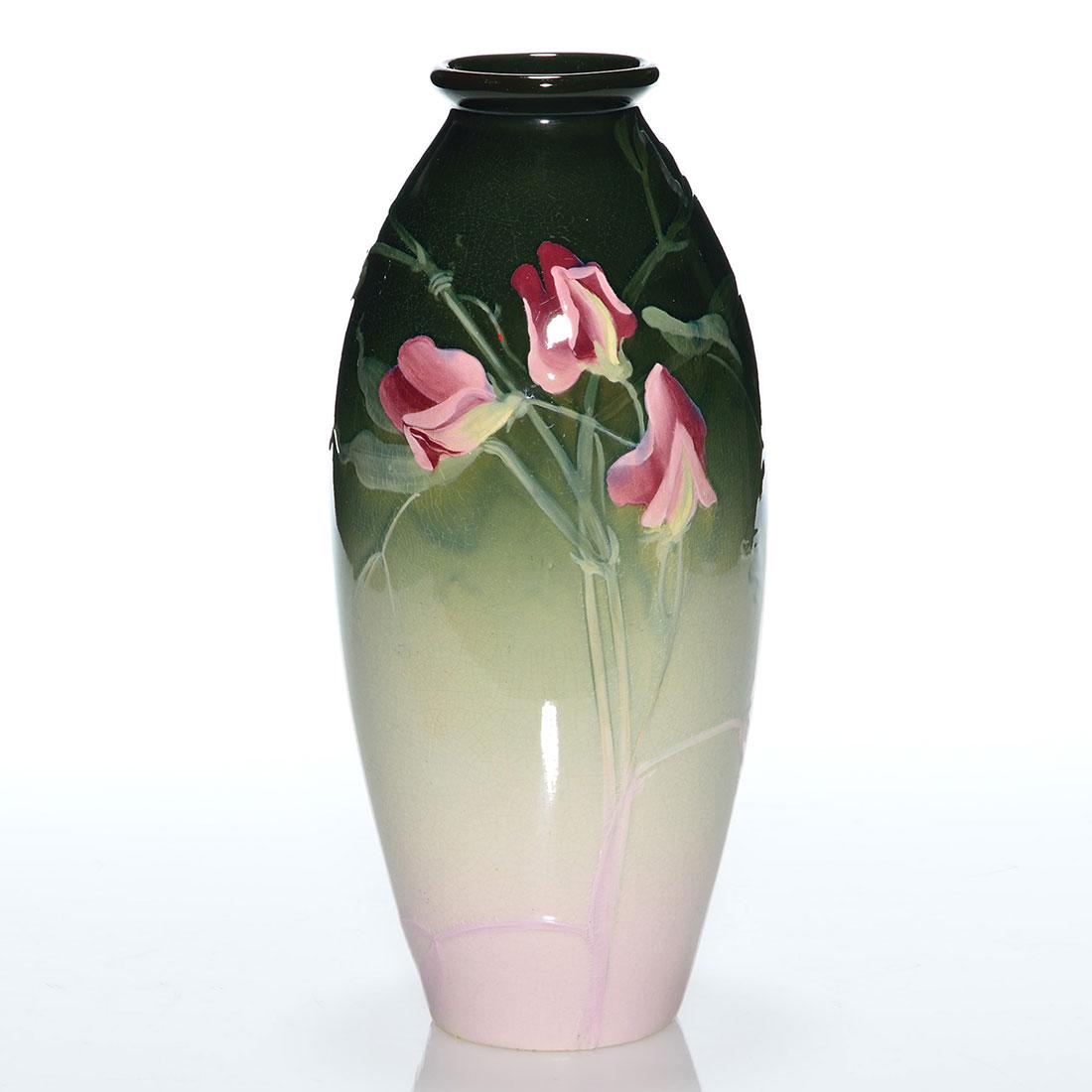 Weller Eocean vase, cyclamen, shape 495, 12”: Weller Eocean vase with cyclamen decoration. Incised on the bottom Eocean Weller and shape 495. There is fine overall crazing, some areas of dry crazing and minor nicks at the base. Height is 12 inche