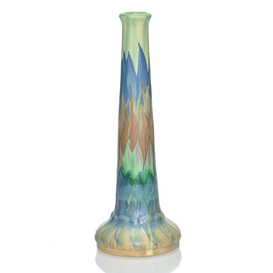 Peters & Reed Landsun Fire Hose vase, 10”, marked: Peters & Reed Landsun fire hose vase with earth tone designs. Height 10 inches. Impressed with the Zane Ware logo. Excellent condition.