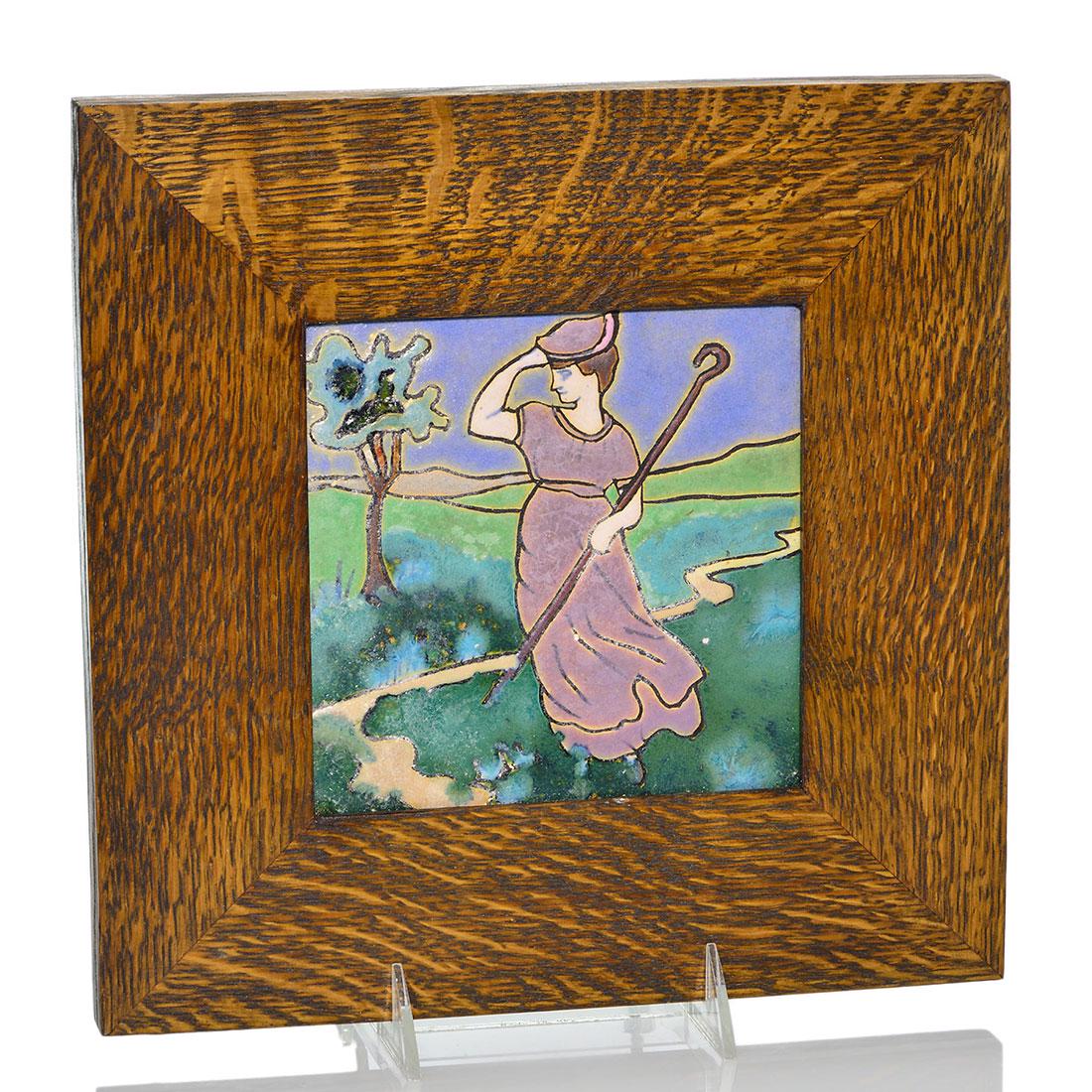 AET tile, Bo Peep, landscape, 6” square, wood: AET 6 inch square tile incised with Bo Peep standing in a pasture. Colorful but rough glazing. Unmarked. Arts & Crafts 10 1/2 inch frame.