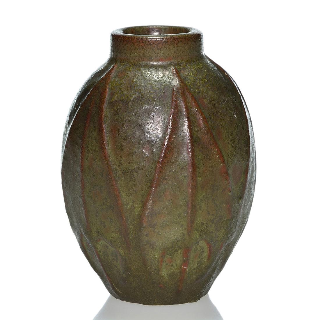 Van Briggle green mat vase, circa 1907, foliage, 4 1/2: Van Briggle Arts & Crafts vase, circa 1906, with spear foliage covered in thick, leathery mat glazes of moss green over walnut brown. Height 4 1/2 inches. Hand incised marks are partially obscured by 