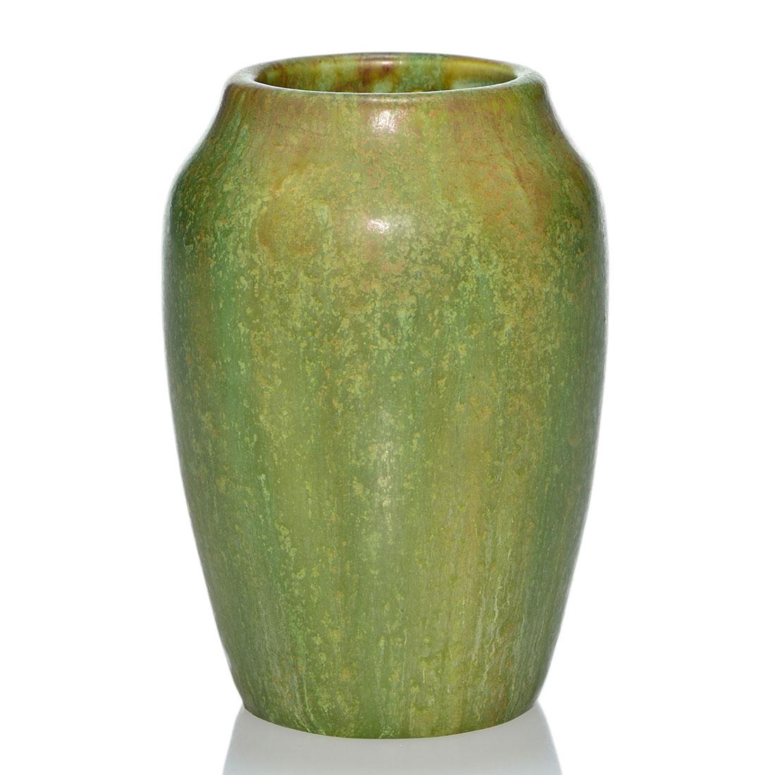 Hampshire Pottery vase, 5”, tan green mat glaze,: Hampshire Pottery vase covered with a really nice tan and green matte glaze. Height 5 inches. Incised Hampshire Pottery with the Emoretta mark plus blue slip markings. Tiny grinding nick below the bas