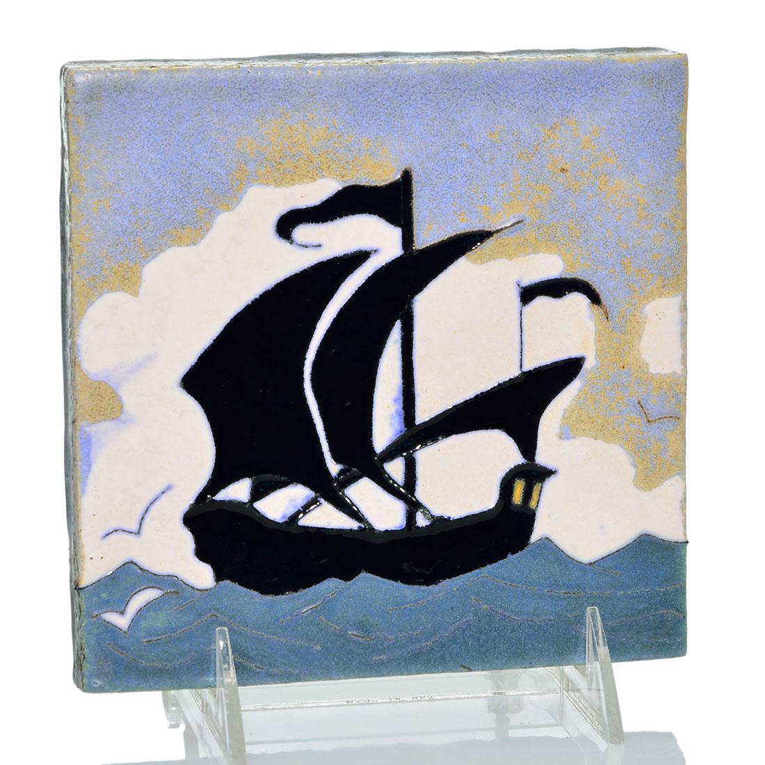 Flint Faience Tile, 6” x ”, galleon, mat: Flint Faience 6 inch square tile with a galleon covered in mat and high glazes. Impressed Flint Faience Tile Co. Flint Mich. on the back. There a tiny nick to one rear corner.