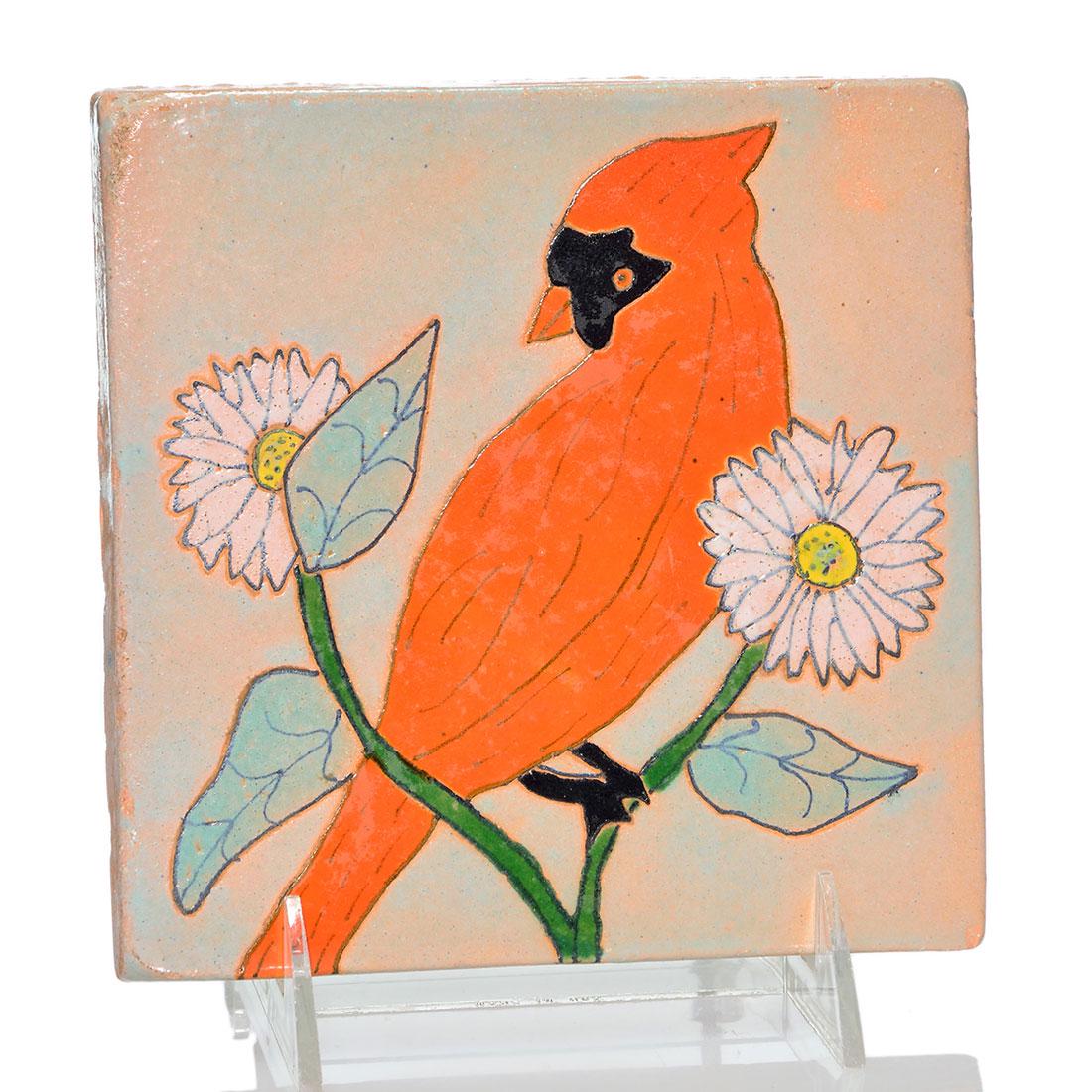 San Jose Mission tile, Cardinal & Sunflower, 6X6”: San Jose Mission 6 inch by 6 inch tile incised with a bright red cardinal perched on a Shasta daisy stalk. Slip signed San Jose Mission on the back. Excellent condition with only a few minor glaze nic