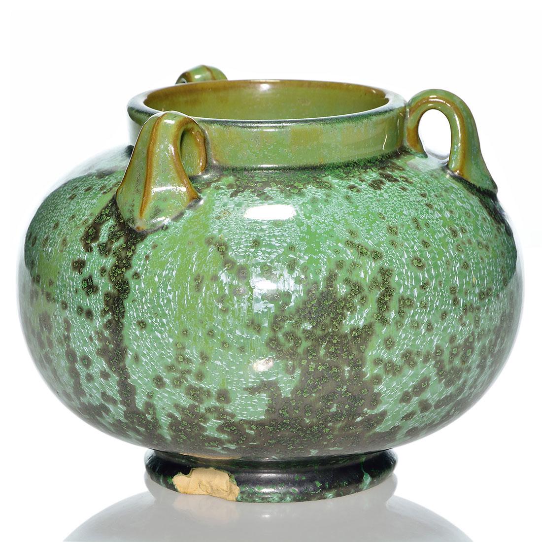 Fulper three handled vase, Leopard Skin glaze, 6 1/4: Fulper three handled vase, shape 564, covered in a nice example of the Leopard Skin glaze. Marked with the incised vertical Fulper mark. There is a large chip on the foot-ring. Height is 6 1/4 inches.