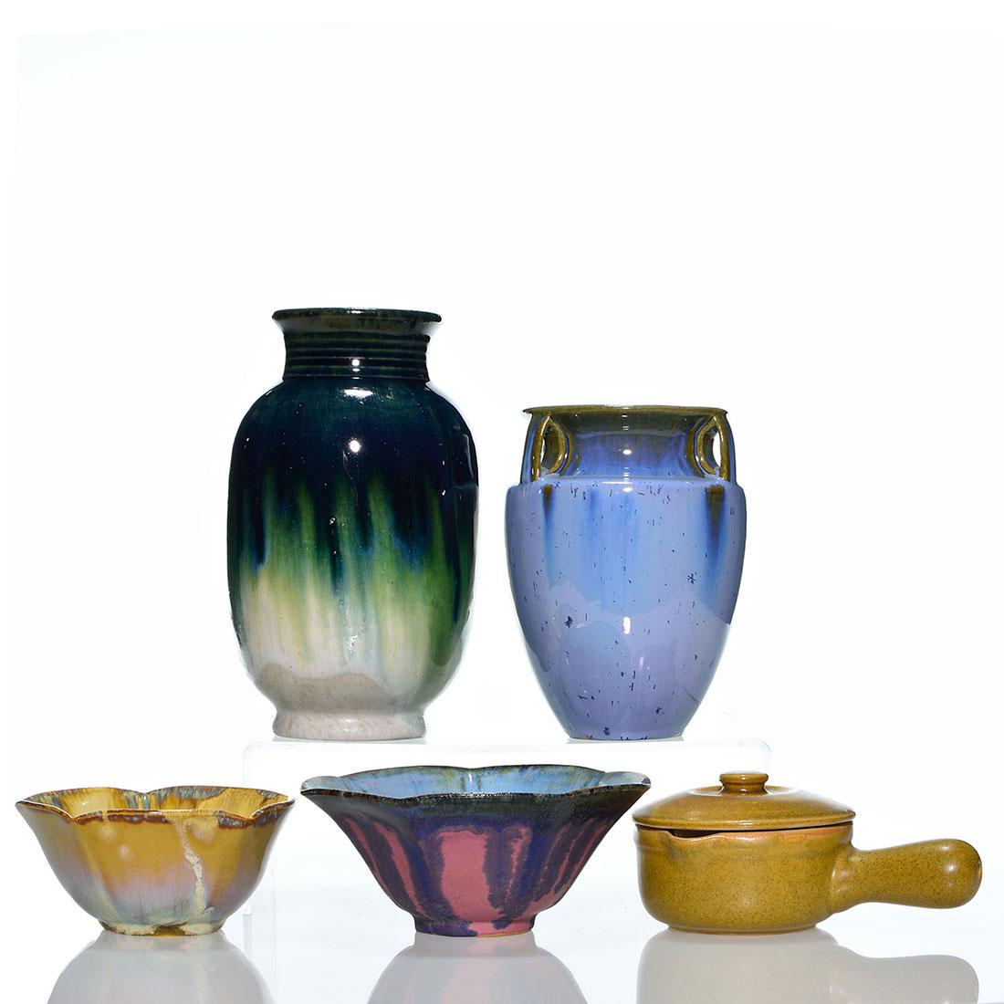 5 Fulper items. 2 vases, 2 bowls, 1 serving piece: Five Fulper items.. 1. Thrown vase in cobalt blue over gray. Rectangle ink stamp logo. Height 8 3/4 inches. Some crazing and several small bumps in the glaze. 2. Bullet vase with a few snowflake cryst