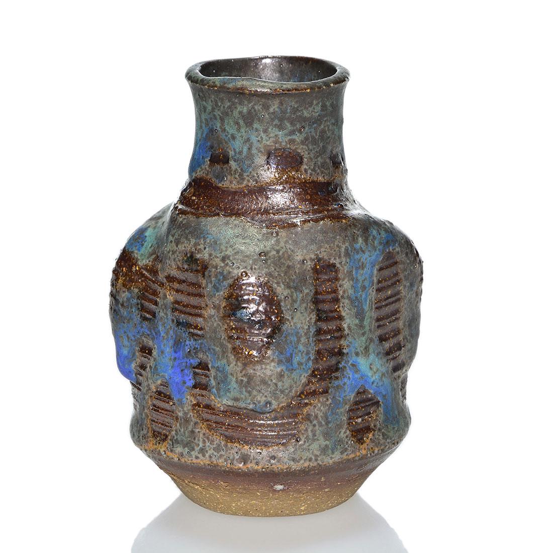 Rose Cabat early vase, volcanic glaze, 4 1/8”: Early Rose Cabat vase. Four sided vase with incised rings around the body and dripped with a blue and green volcanic glaze. Incised Cabat on the bottom. Height is 4 1/8 inches.