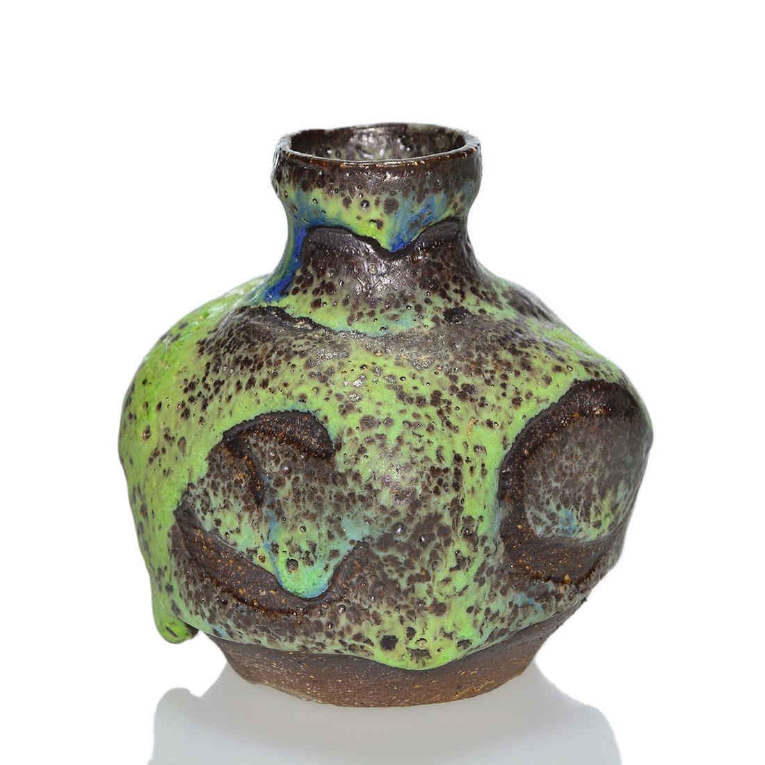 Rose Cabat early vase, volcanic glaze, 3 1/4”: Early Rose Cabat vase. Four sided vase with blue and bright green volcanic glaze. Incised Cabat on the bottom. Height is 3 1/4 inches.