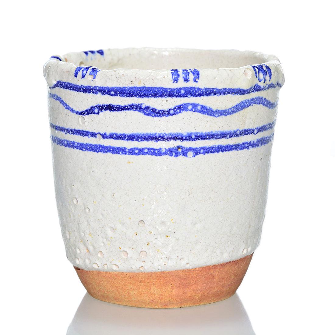 Myrton Purkiss volcanic vase, Chouinard, 1934,3 3/8: Myrton Purkis volcanic glaze tumbler made in 1934, either as a student at the Chouinard School of art in Valencia, California or at University of Southern California under Glen Lukens. Incised Myrton