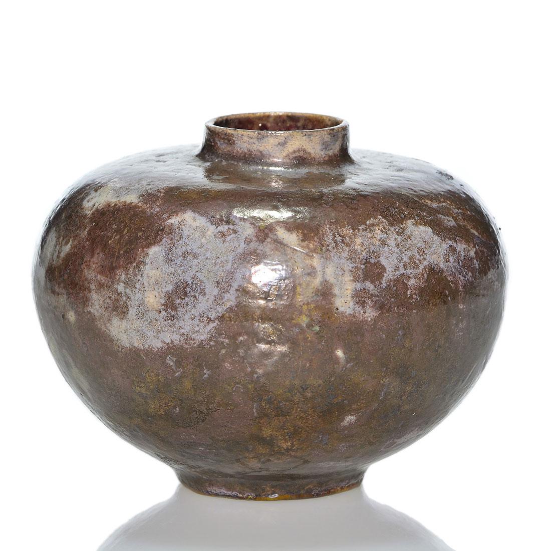 Rare Brouwer Middle Lane Pottery Flame 3 3/4: Rare Middle Lane Pottery Flame vase covered in mottled purple lustre glaze by Theopphilus A. Brouwer. Measures 3 3/4 inches by 5 inches across. Incised Brouwer with the whalebone and M logo. Lightweig