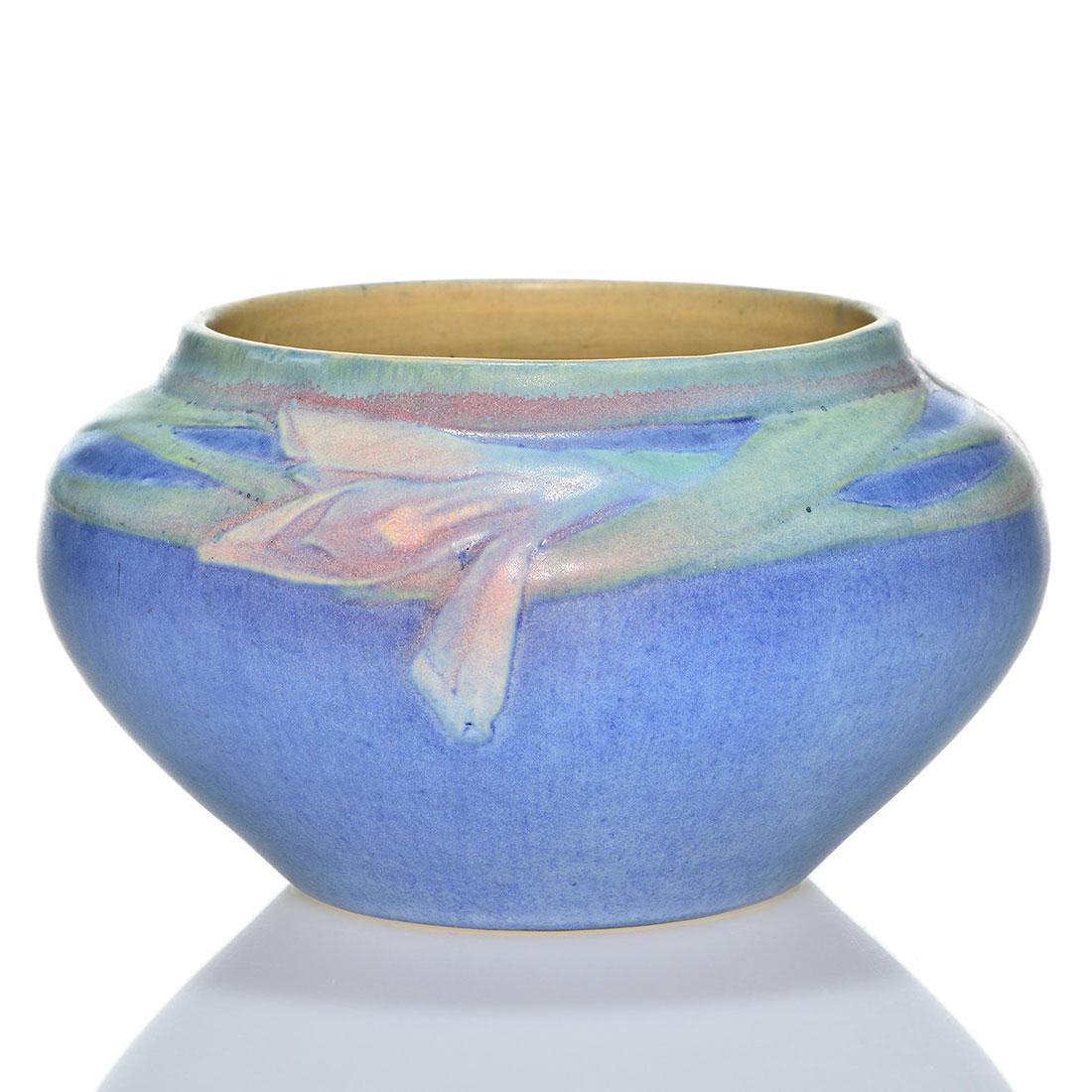 Newcomb carved bowl, lilies, Simpson, 4”, 212,: Newcomb College mat bowl featuring lilies at the shoulder carved and painted by Anna Frances Simpson in 1924. Impressed with the Newcomb logo, shape 212, Joseph Meyer’s initials, date code NU 8 