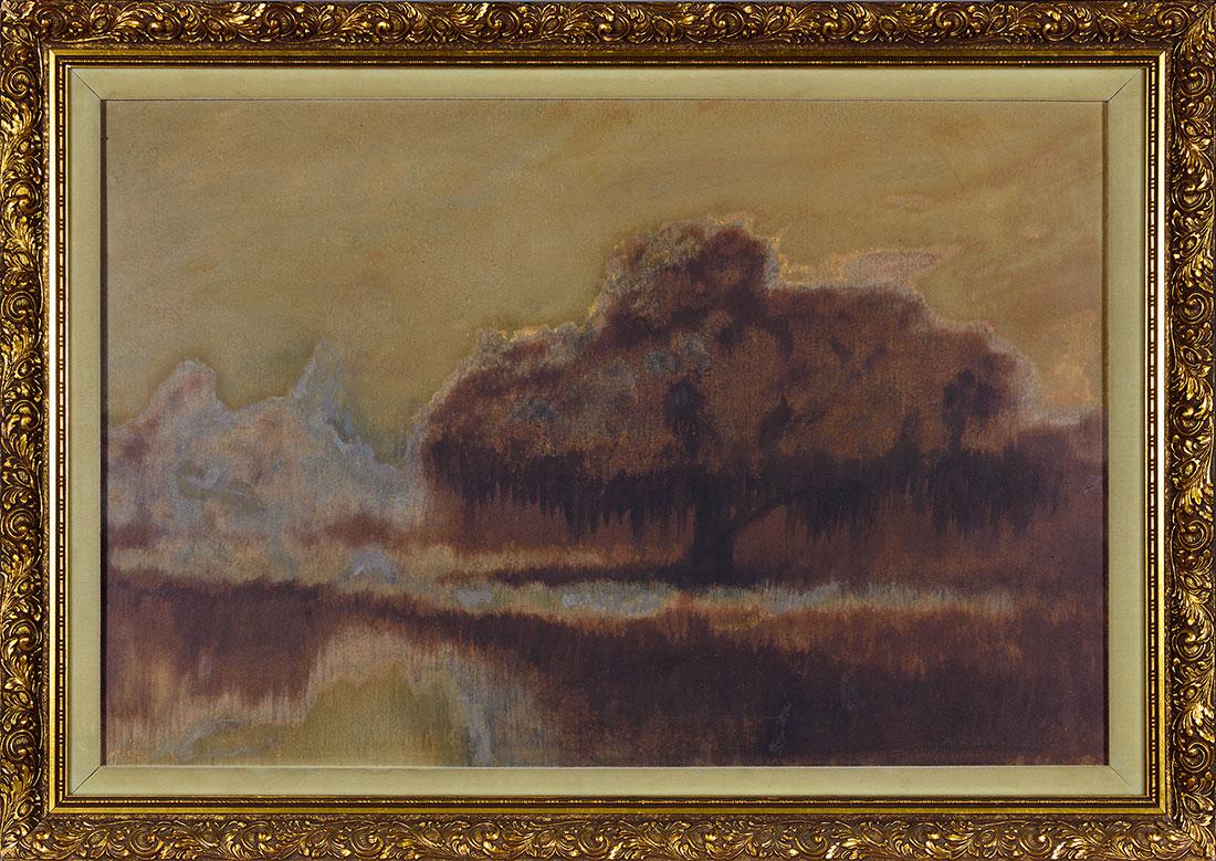 A.J. Drysdale Bayou painting, mixed media, 20x30: Classic Alexander John Drysdale (Amerian, Louisiana, 1870-1934) mixed media painting of a spreading live oak in a foggy bayou done with some pastel and oil wash on heavy paper. The image is very moody