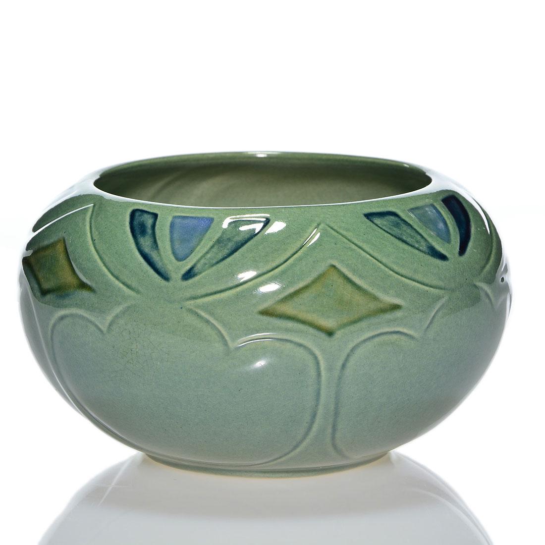 UND Art Nouveau high glaze trial vase, Mattson, 3 3/8: University of North Dakota School of Mines carved Art Nouveau vase with carved stylized floral highlighted by three high glaze colors done by Julia Mattson as an apparant trial. Measures 3 3/8 inches 