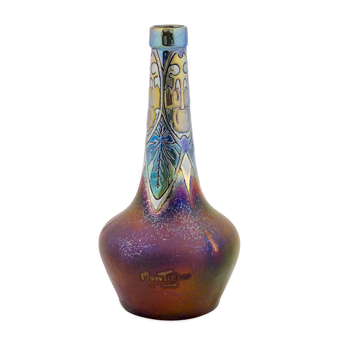 Montieres vase, 7, metallic glaze, fruit: Montieres signed Arts and Crafts vase, the neck displaying cloisonne style chestnuts and foliage finished in metallic enameling bearing in shades of pink, copper and blue coloration. The body has a ni