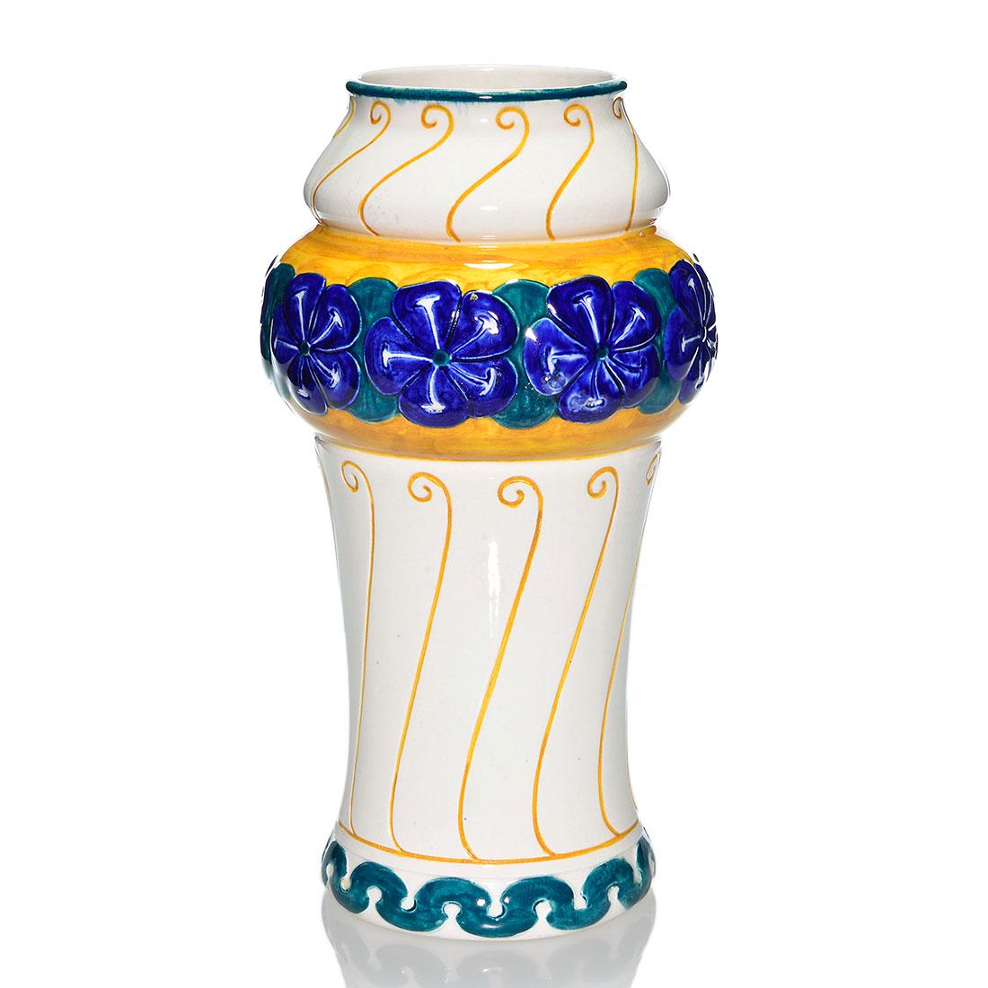 Alf Wallender vase, Rorstrand, embossed flowers, 11 1/2: Rorstrand vase designed by Alf Wallender showing a band of pansies around the shoulder. Marked Dessin Alf Wallender Rorstrand in blue ink stamp on the bottom. Height 11 1/2 inches. Excellent condition