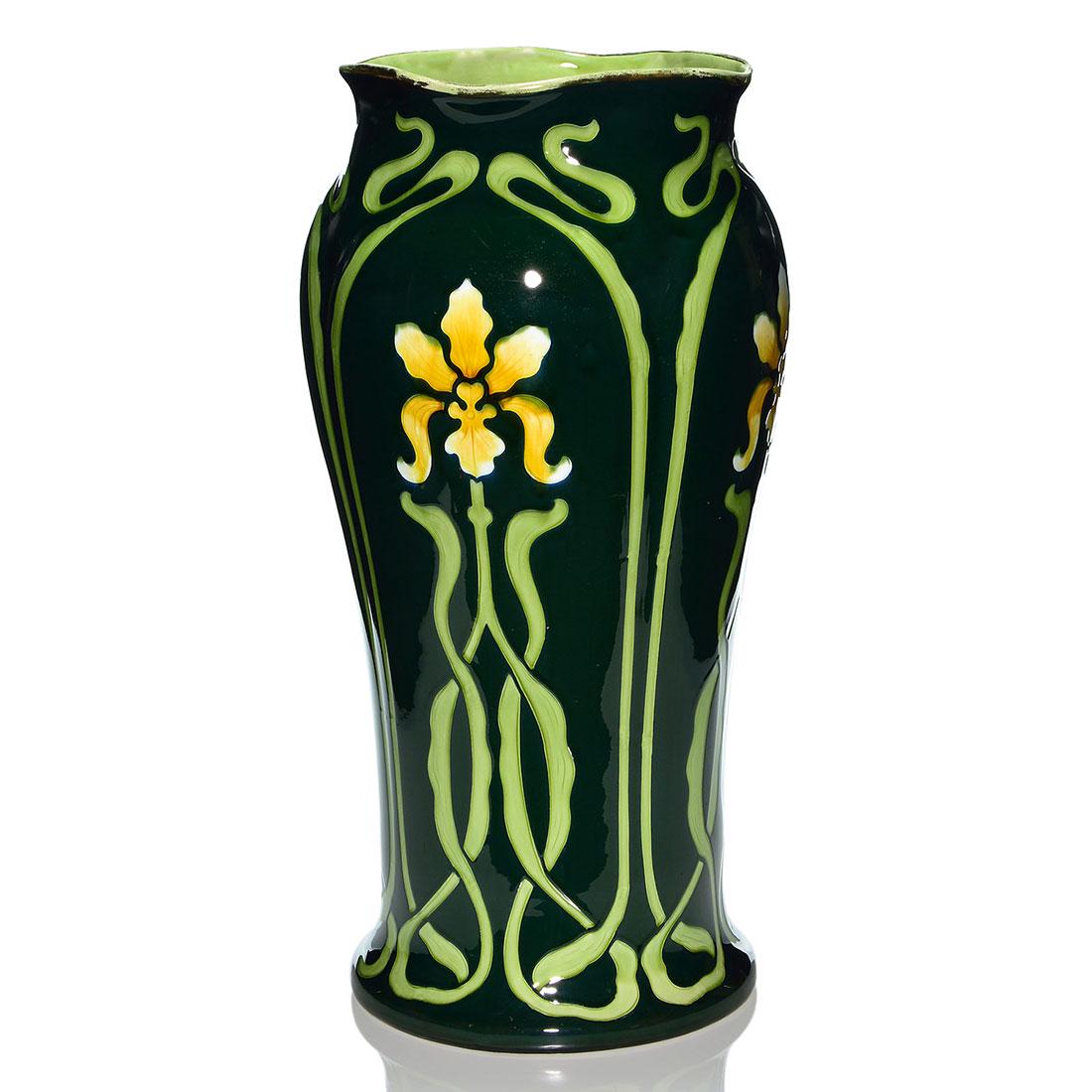 Villeroy & Bach umbrella stand, orchids, 22 1/4”: Unusual Villeroy & Bach umbrella stand with four stylized orchid plants done in Art Nouveau fashion under a wonderful high glaze. Measures 22 1/4 inches and 9 1/2 inches across the four corner rim. Th