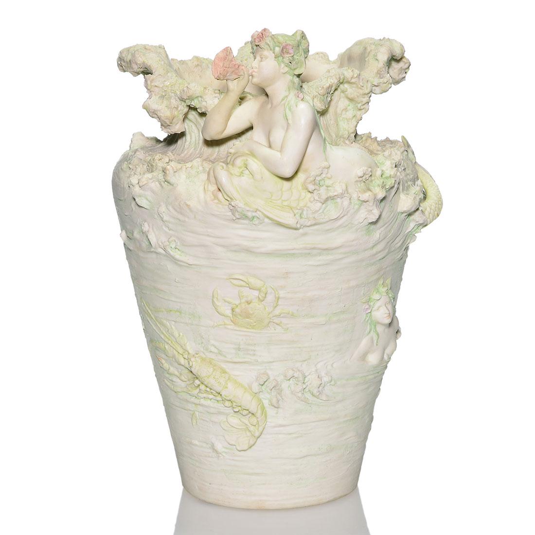 Amazing Royal Dux vase, mermaids, creatures, 14 1/2: Large and impressive Royal Dux vase featuring a beautiful mermaid riding a dolphin through crashing waves while another mermaid swims with a panoply of sea creatures including a turtle, a lobster, cra