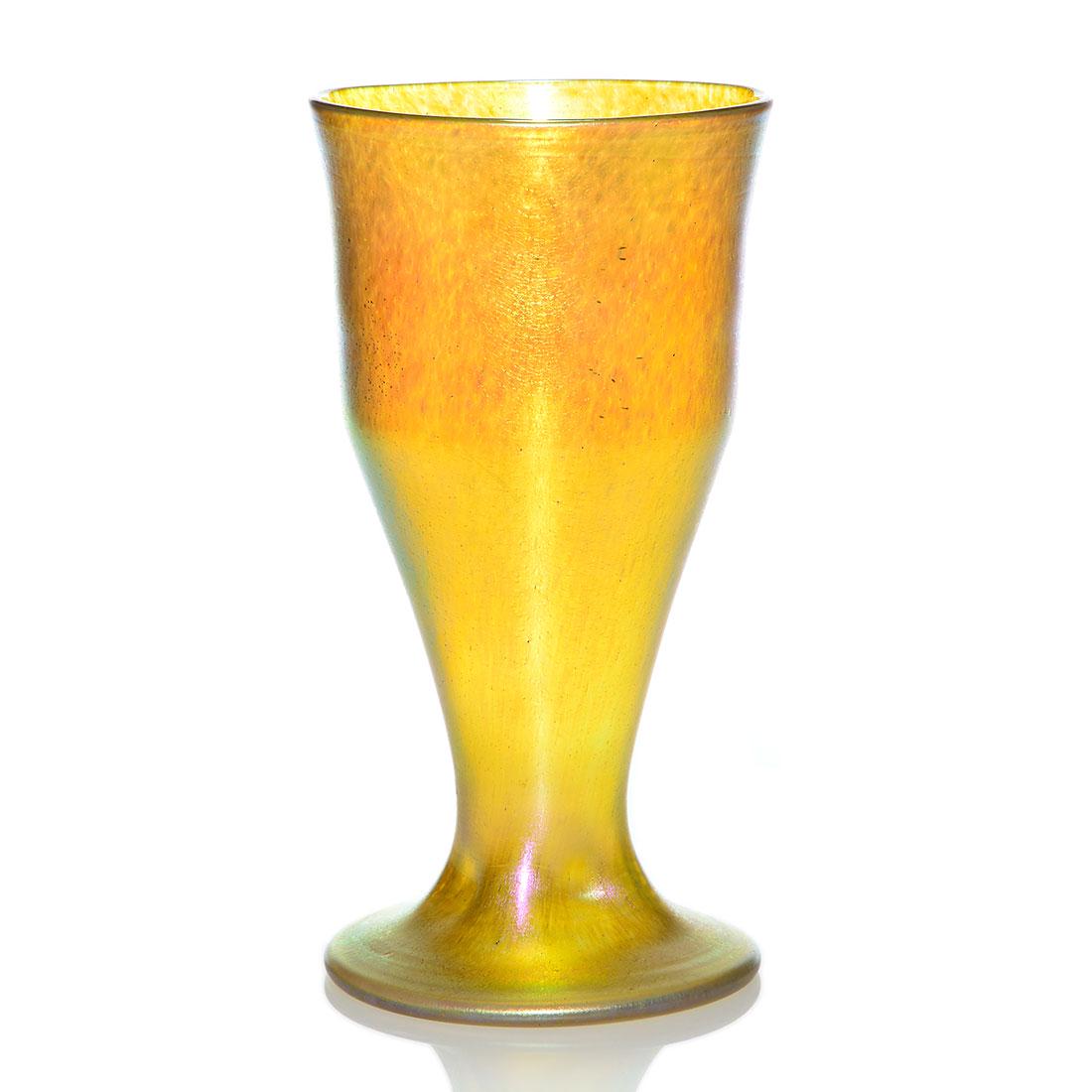 Loetz Silberiris II vase, 10 1/4”, bright: Tall Loetz Silberiris II vase in a simplistic form with thumbprint size indents just above the foot. Measures 10 1/4 inches and 5 1/4 inches across the rim. Vivid blue and green surface iridescence. E