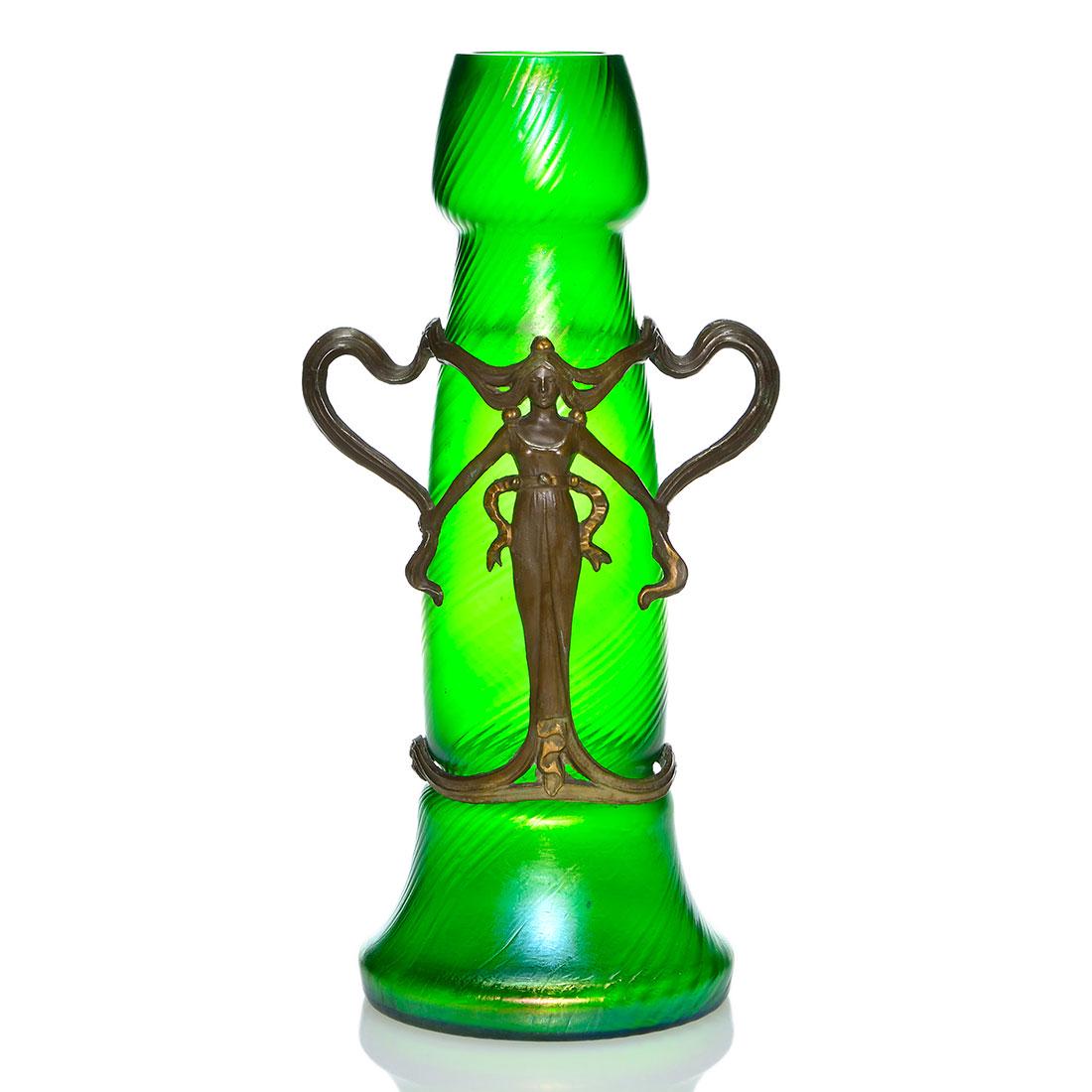 Crete Austrian vase, Art Nouveau Maiden metal mount,: Cret Austrian vase with a barber pole molded pattern and having Art Nouveau metal mounts centered by a full figure of a maiden. Height 13 1/2 inches. Solder mend to one side of a metal strap on the ba