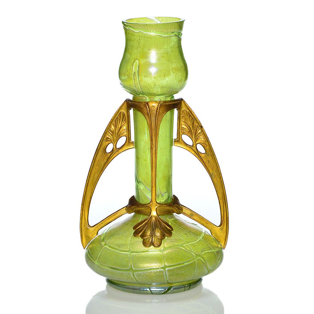 Loetz Crete Pampas vase, metal handles, 10 5/8”: Loetz Crete Pampas vase with Art Nouveau gilt enhanced metal handles. Height 10 5/8 inches. The metal work is fastened onto the neck by two twisted wires, the lower wire mended. The glass is in excell