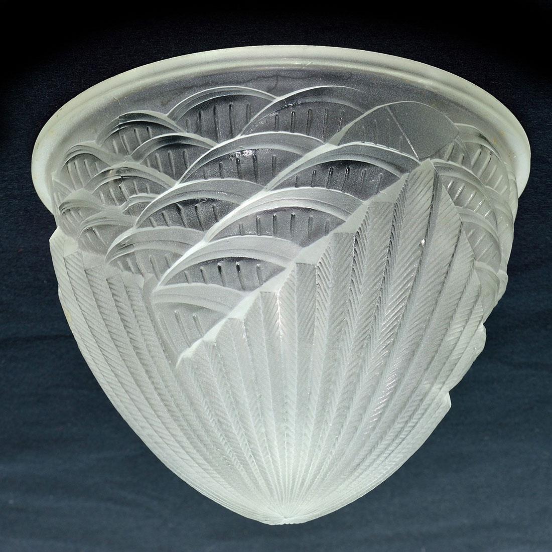 Schneider Art Deco chandelier shade, 7 x 9 3/4: Schneider Art Deco pendant shade for use in a chandelier frame. The frosted shade is highly molded with palm fronds draped over layerings of floral petals and mold marked Schneider, France, 403 on the