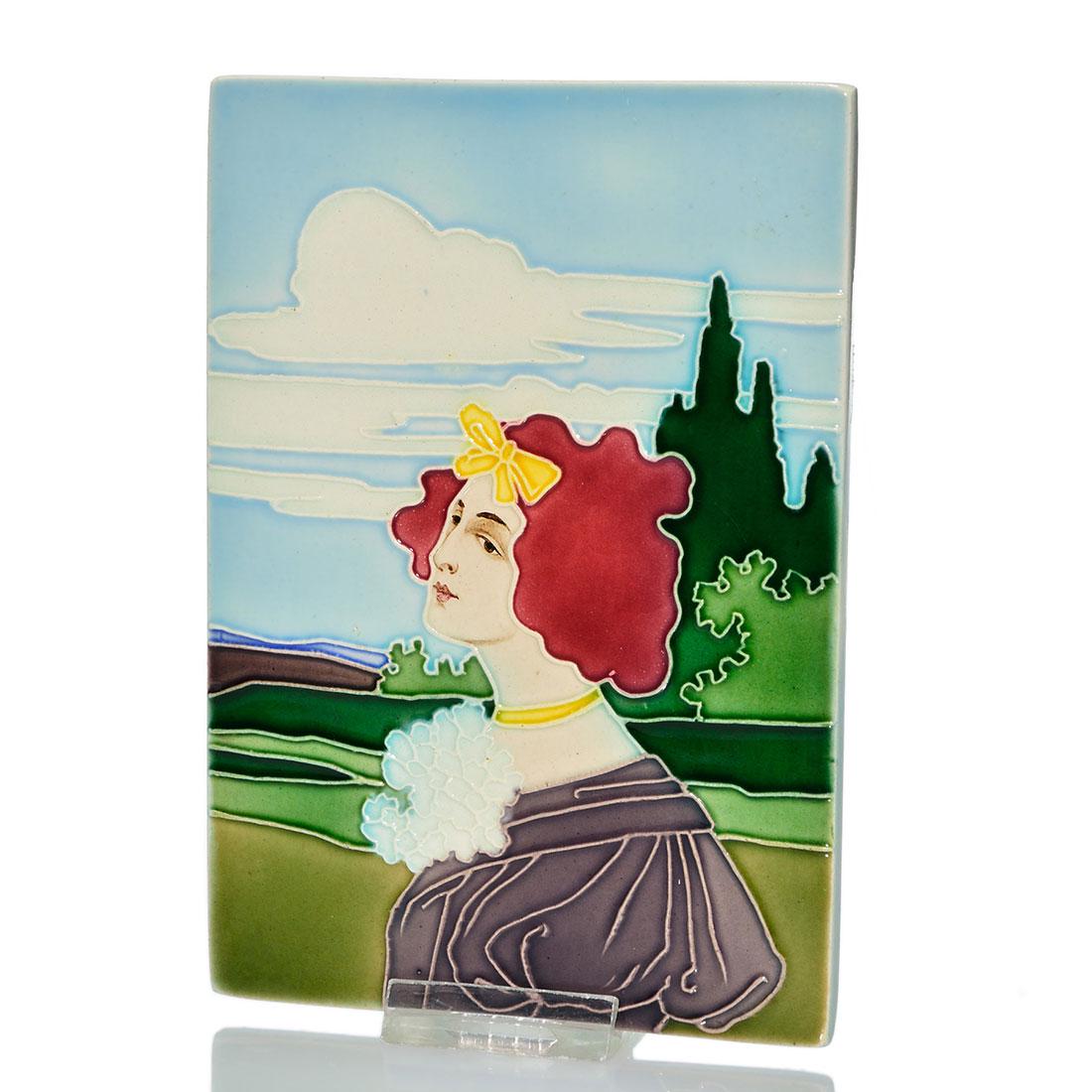 Von Schwarz tile, Luber design, woman, 6 1/4 x 4 3/8: Johann Von Schwarz Norica tile, a Karl Luber design, showing young woman with red hair wearing a purple dress. Incised 897 on back and older paper label listing the same shape number and the notation 