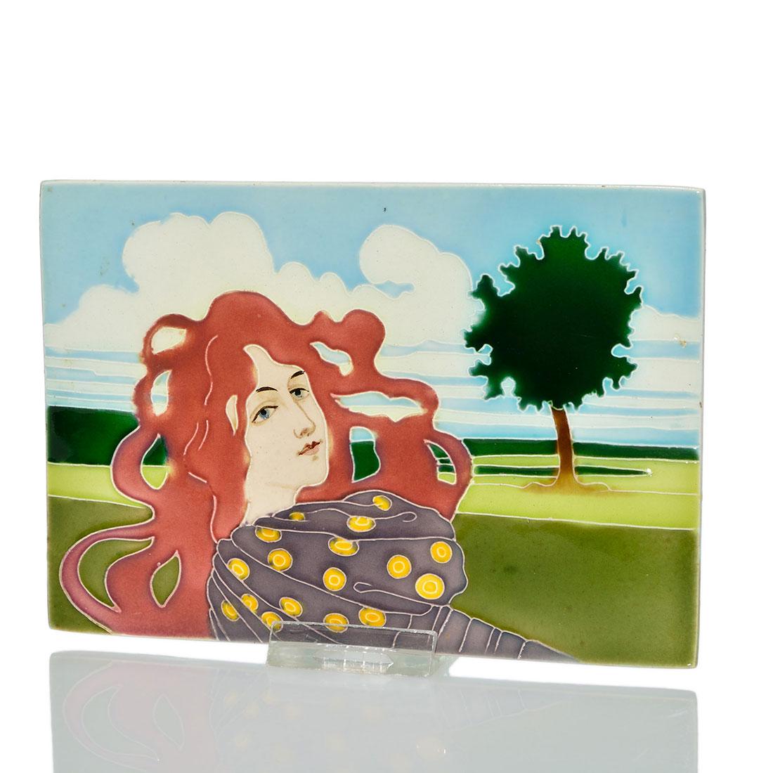 Von Schwarz tile, Luber design, woman, 4 3/8 x 6 3/8: Johann Von Schwarz Norica tile, a Karl Luber design, showing young woman with red hair wearing a purple dress beside a single tree. Incised 652 on back. Size is 4 3/8 by 6 3/8 inches. Uncrazed and ver