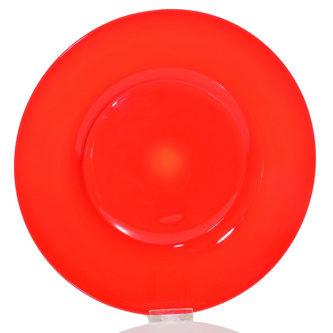 Steuben attributed Rouge Flambe charger, 11”D: Rouge Flambe 11 inch charger attributed to Steuben. Purchased from Louis St Auburn, Jr., as Steuben Rouge Flambe, his sticker Brookside Antiques, New Bedford, Mass., Authentic Art Glass resides on the