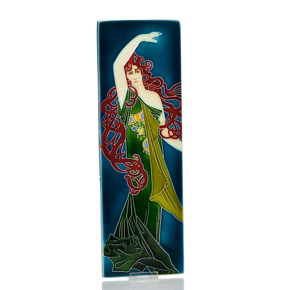 Von Schwarz tile, bejeweled woman, 14 3/8 by 4 3/4: Johann Von Schwarz Norica tile, a Karl Luber design, showing a bejeweled young woman with flowing red hair wearing a long dress. Incised 626 on back. Size is 14 3/8 by 4 3/4 inches. Uncrazed and very 