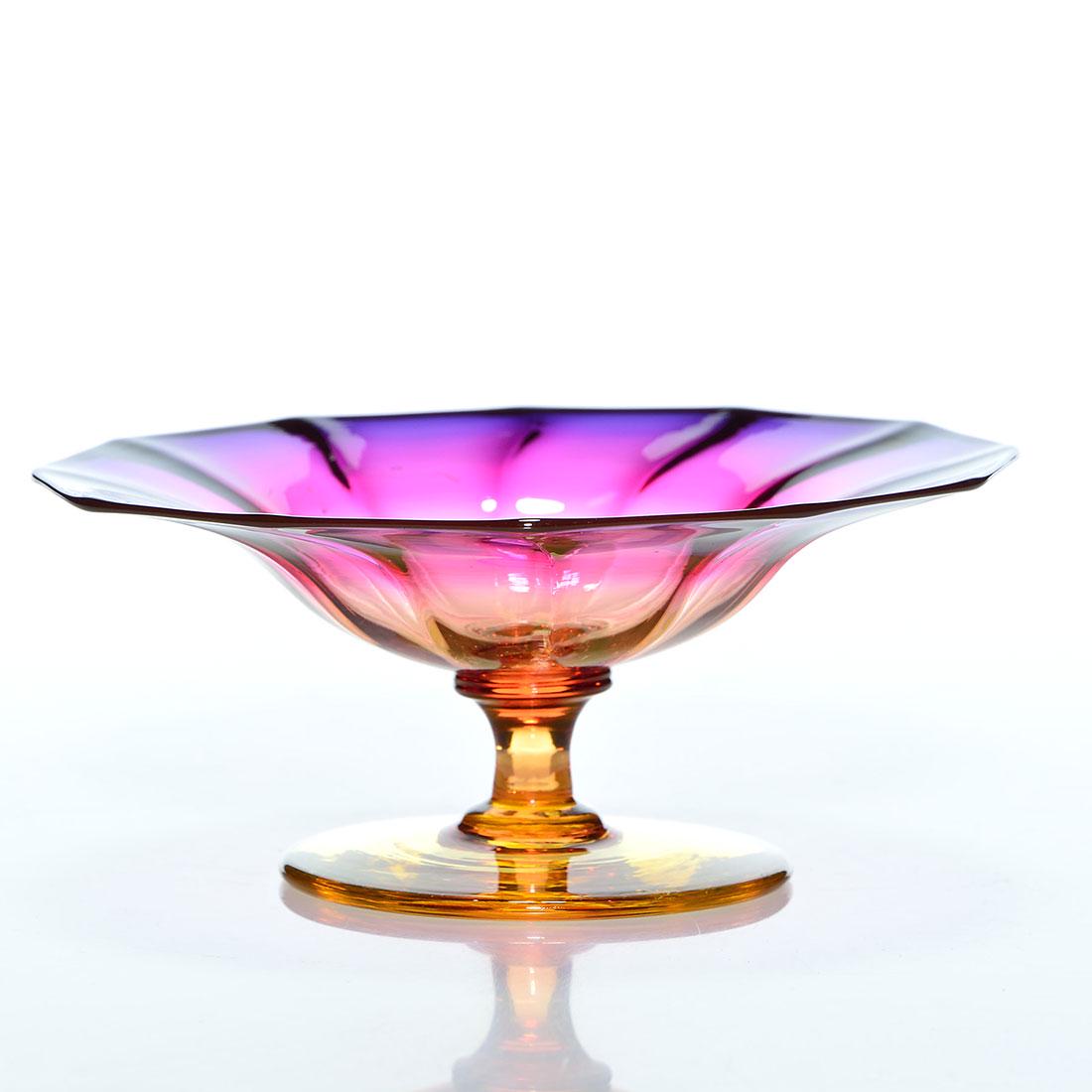 Tho. Webb Alexandrite morning glory compote,5 3/8: Thomas Webb & Sons Alexandrite Morning Glory compote. Height is 2 3/8 inches and the diameter is 5 3/8 inches. Strong evenly shaded elderberry color. The flower form tray is nicely ribbed. Short inter