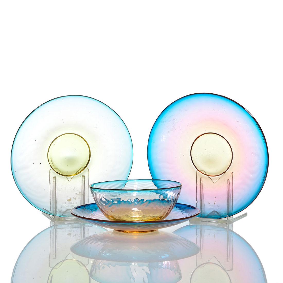 4 Thos Webb miniature Alexandrite, finger bowl, 3 trays: Four miniature Thomas Webb & Sons Alexandrite with the peacock feather pattern, a 1 1/2 by 3 1/2 inch diameter finger bowl, stress line inside bowl and three undertrays, 4 3/4 inches across, which are