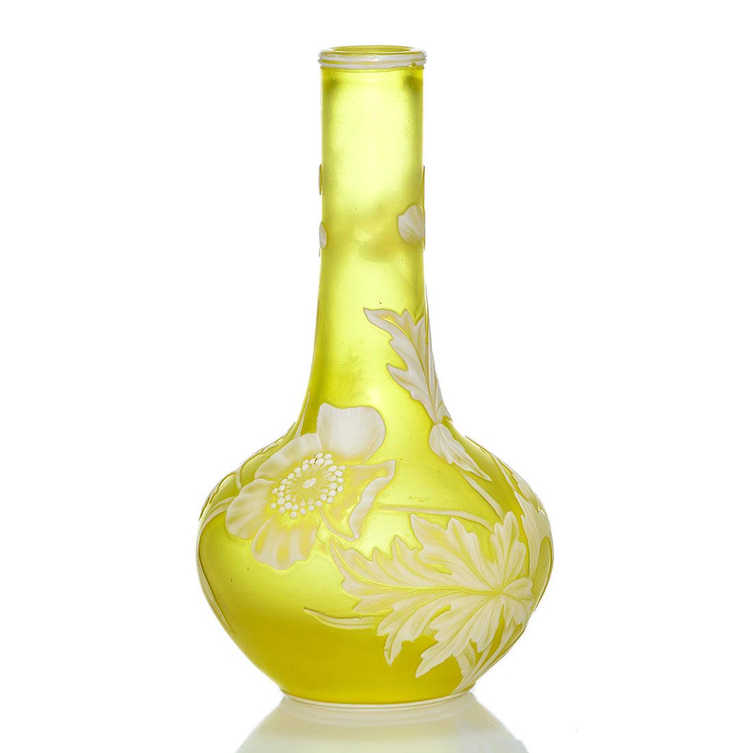 Stevens & Williams English cameo vase, floral, 5 7/8: Stevens & Williams English citron cameo vase with white blossoms among leaves and budding stems. Height 5 7/8 inches. Teensy rim nick. Attractive display.