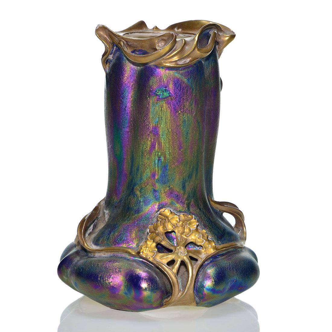 Carlsbad Austria reticulated lustre vase, 6 1/2”,: Carlsbad Austria Art Nouveau matte lustre organic vase having floral reticulation about the body and vines about the rim all heightened by gold. Height is 6 1/2 inches. Maroon backstamped Carlsbad, Ma
