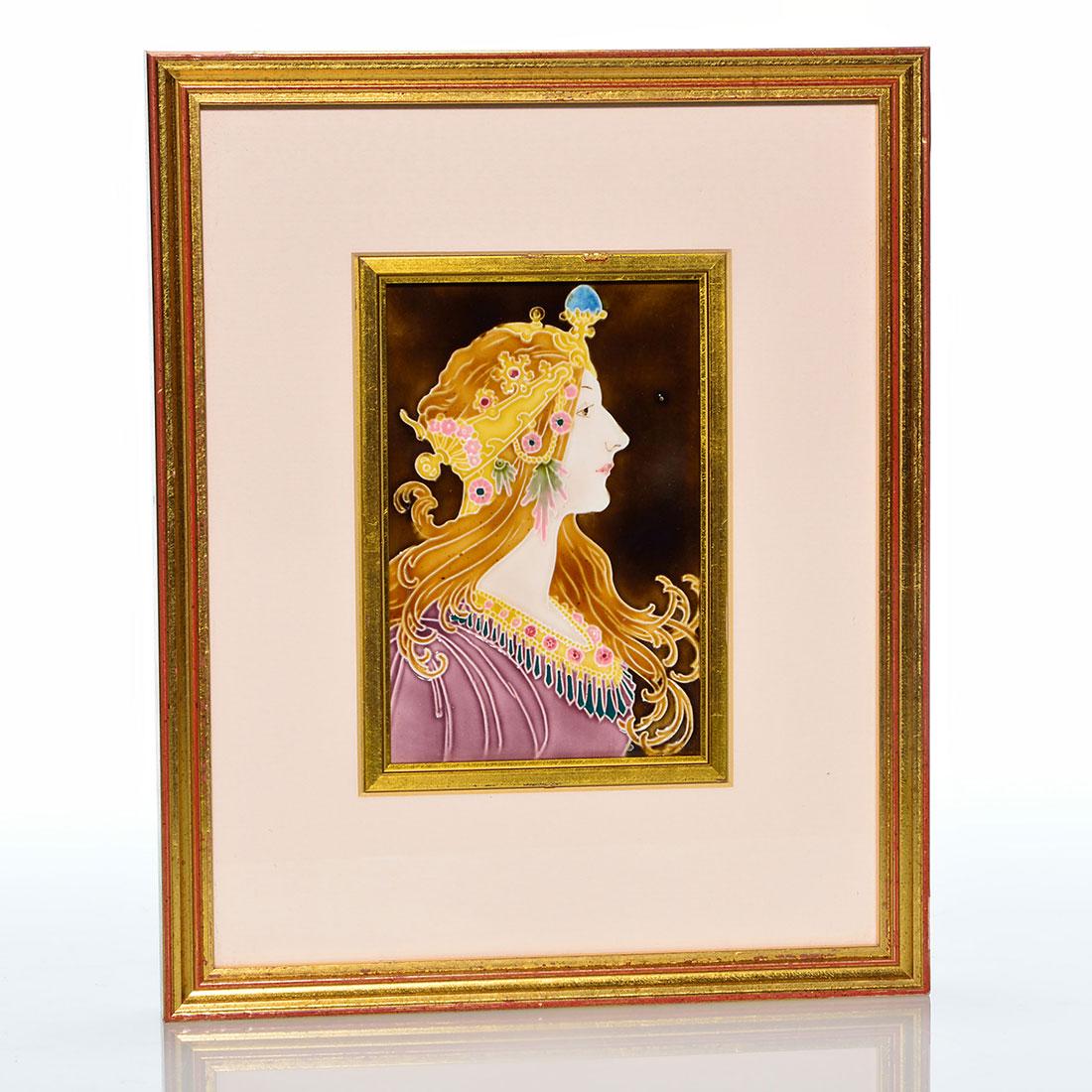 Von Schwarz tile, Luber design, Art Nouveau 7 x 4 1/2: Johann Von Schwarz tile, most likely a Karl Luber design, featuring a profile of an Art Nouveau woman, possibly Sarah Bernhardt. The number 5024 is incised on the back. Framed with a gold liner and un