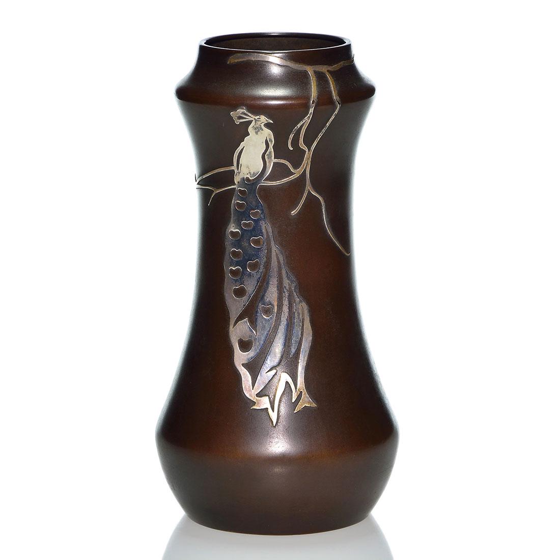 Heintz Sterling overlay Trophy vase, Peacock, 7 7/8: Heintz Trophy vase, a male peacock perched on a tree branch applied in silver overlay. Height 7 7/8 inches. Hand engraved: Two Ball Foursome, Handicap Trophy, Fort Mitchell Country Club, 1919. Impress