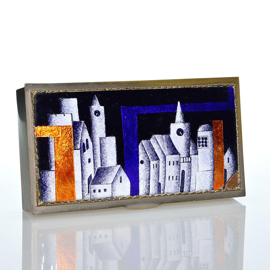 Austria silver enamel on copper humidor, village, 7 1/2: Austrian silver cigar humidor with a cedar lined interior. The hinged cover is enameled with city buildings appearing enlightened by moonlight and has copper and cobalt luster foil inclusions. Measure