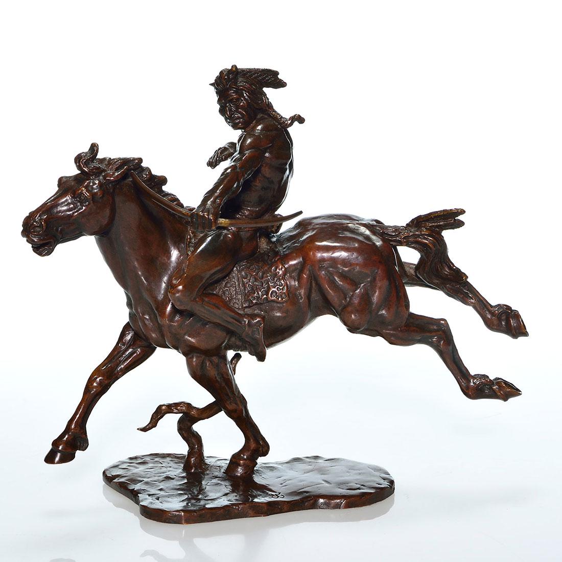 John Weaver Bronze Hunter, Native Indian on horse,: John Weaver bronze of a Native Indian on horseback entitled Indian Hunter. Height 10 inches. Marked Indian Hunter by John Weaver © 1975 The Franklin Mint on a brass plate below the base. In mold 