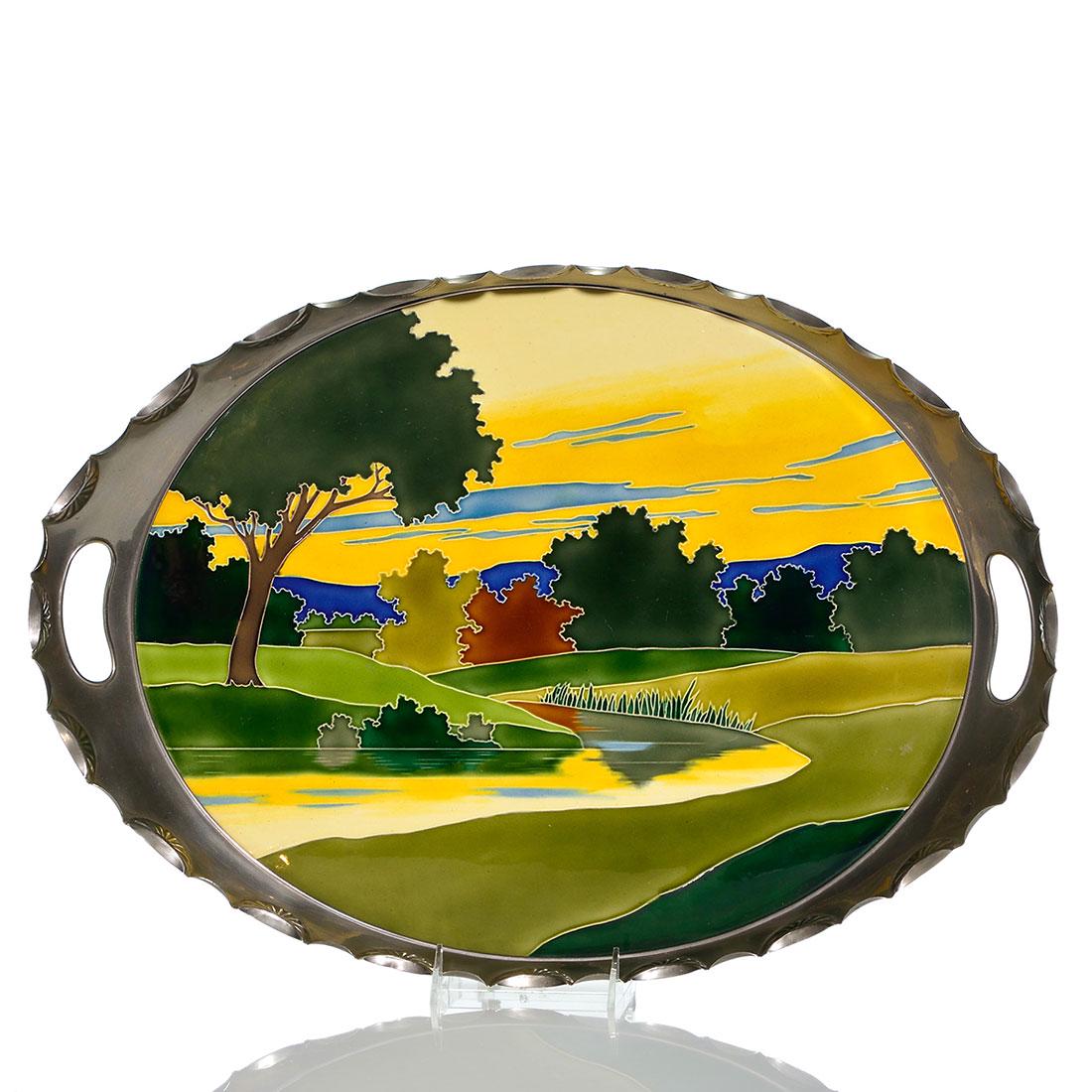 Von Schwarz tray, Luber landscape 14” x 17: Large Johann Von Schwarz Norica oval tile mounted as a tray, a Karl Sigmund Luber design featuring a colorful evening landscape. Incised SR 5029 and painted A XIII on the back. The metal tray with sco
